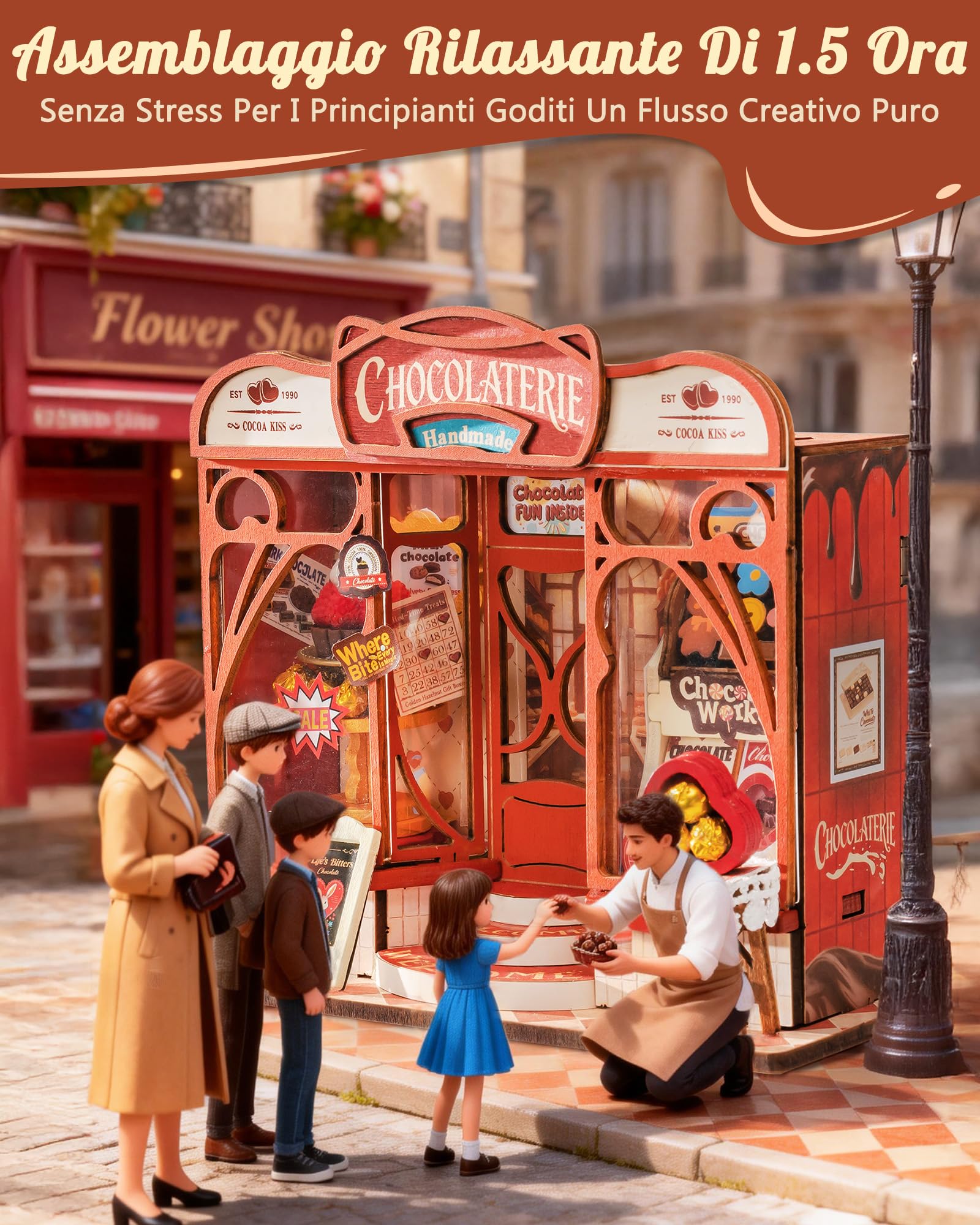 Rolife Miniature Casa Sweet Chocolate Shop, 98 pezzi Kit Casa in Miniatura DIY, Modellismo da Costruire Adulti Casa delle Bambole in Legno Puzzle 3D Nessun collante necessario