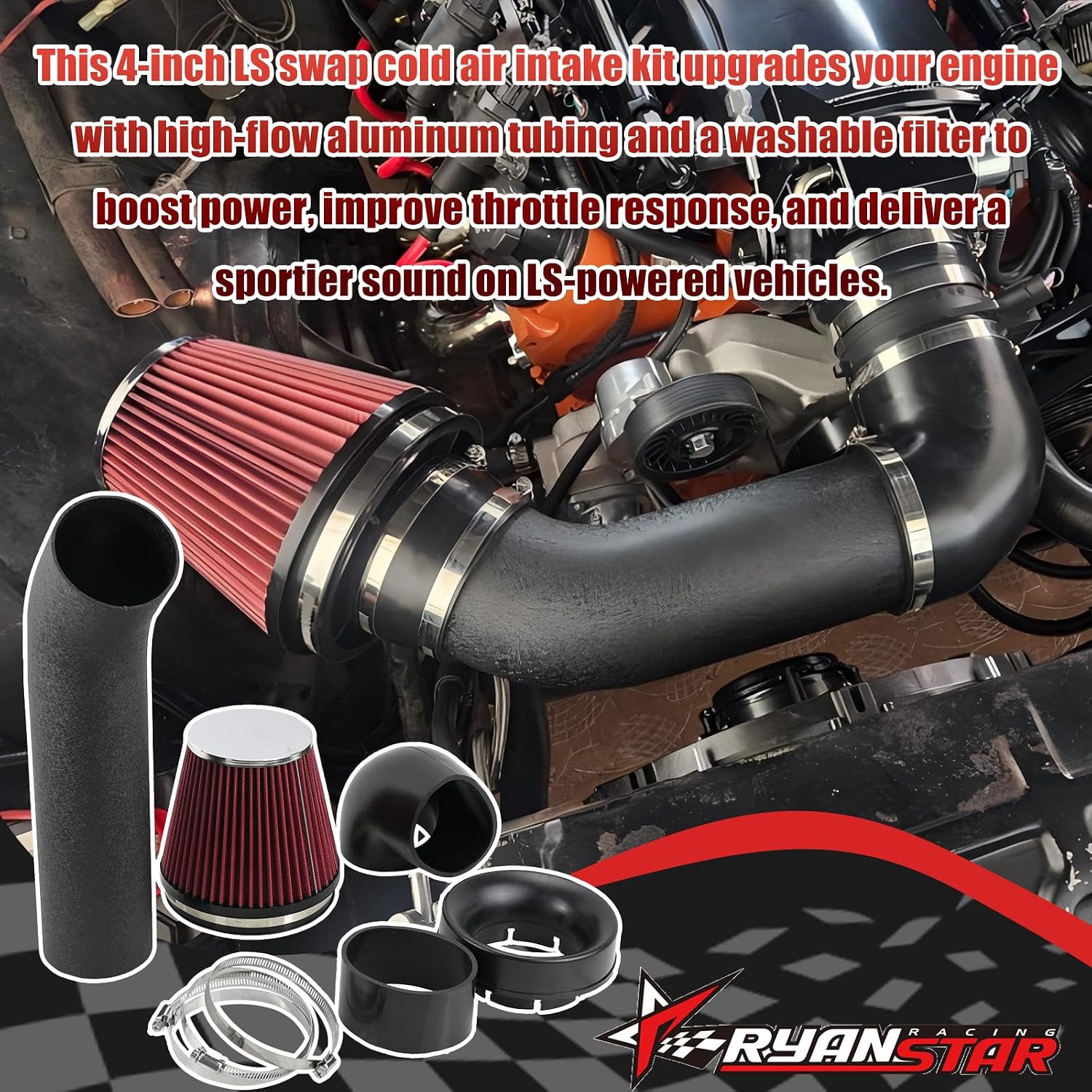 RYANSTAR RACING 4" LS Swap Cold Air Intake Kit Universal Fit, High-Flow Intake System Compatible with LS1 LS2 LS3 LSX LQ4 LQ9 LY6 4.8 5.3 5.7 6.0 Camaro Chevelle GTO Monte Carlo Caprice