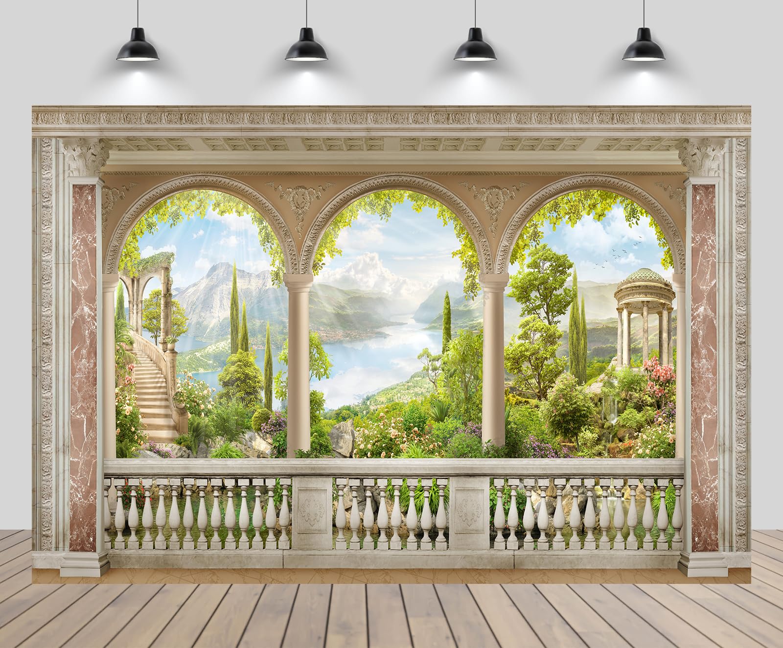 chnywork 10x6.5ft Vintage Garden Backdrop Spring Balcony Flowers Retro Roman Corridor Lake Mountain Scenery Background Europe Wonderland Birthday