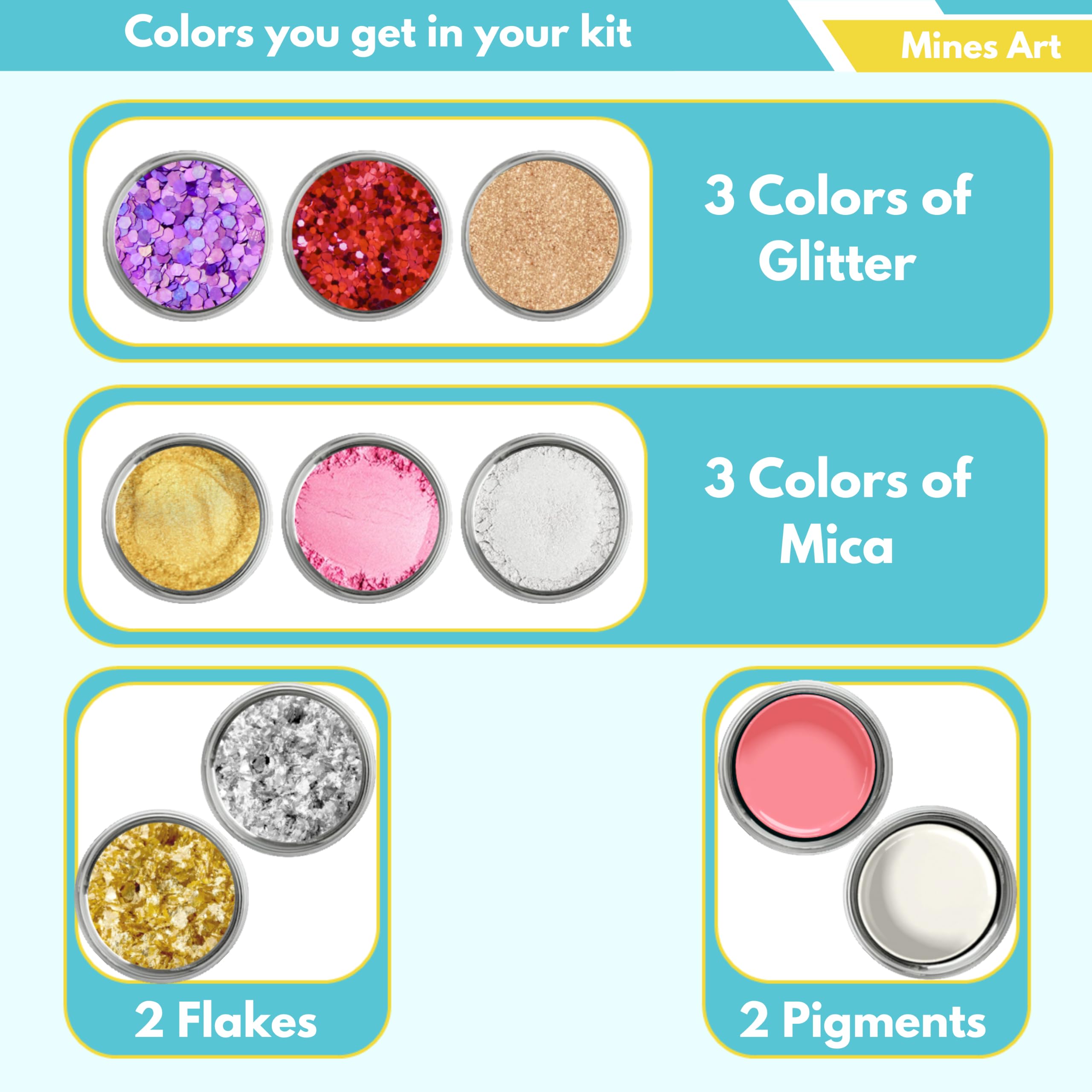 Mines Art Resin Art Kit with Moulds – Complete Resin Jewellery Making Kit for Keychains & Earrings – 200g 3:1 Epoxy Resin, 3 Glitter Colors, 3 Mica, 2 Pigments, Gold & Silver Flakes & More - (MRA - 123) 1