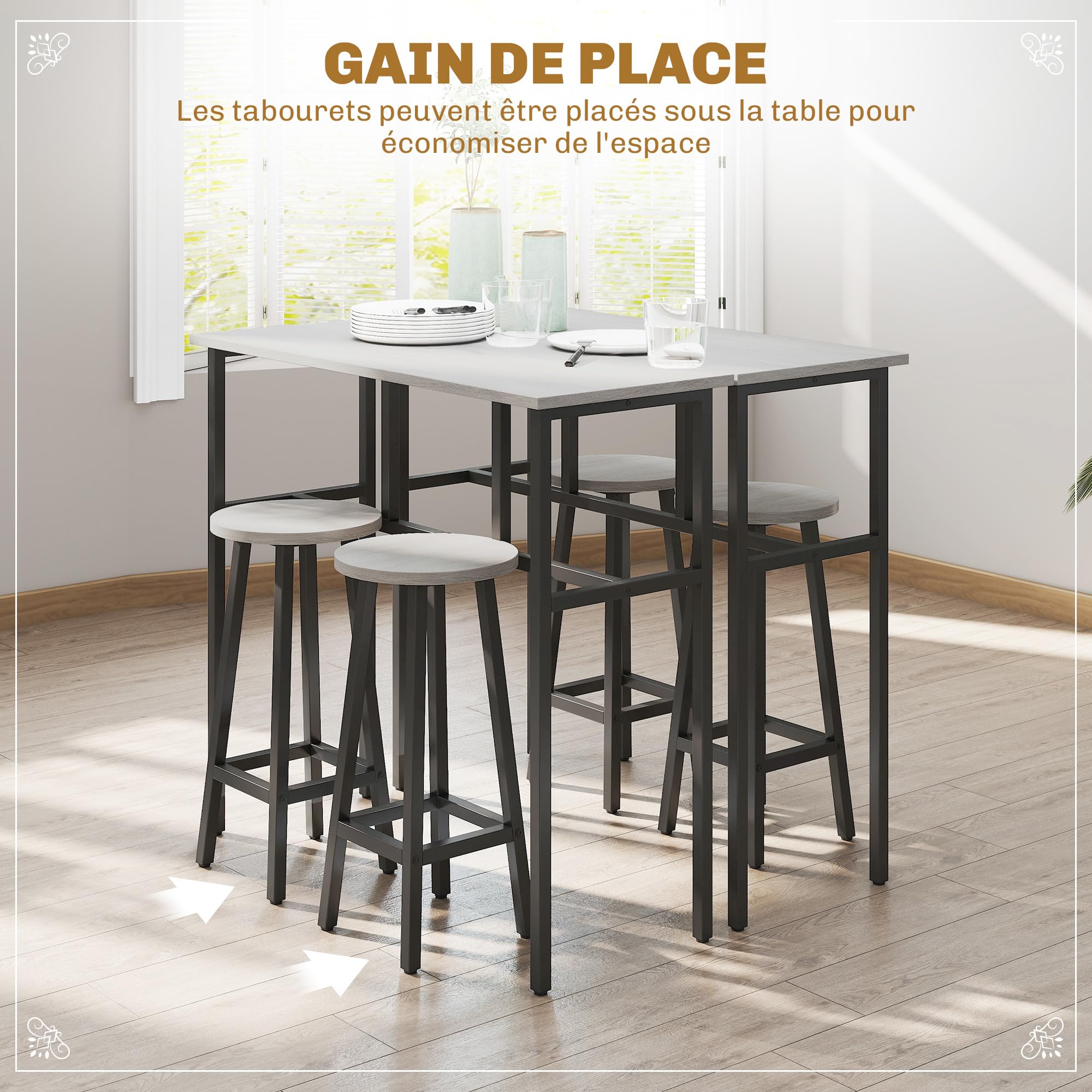 HOMCOM Ensemble Table de Bar Style Industriel 6 pièces, 2 Tables Hautes avec 4 tabourets - Acier et Panneaux de Particules - 4 Personnes