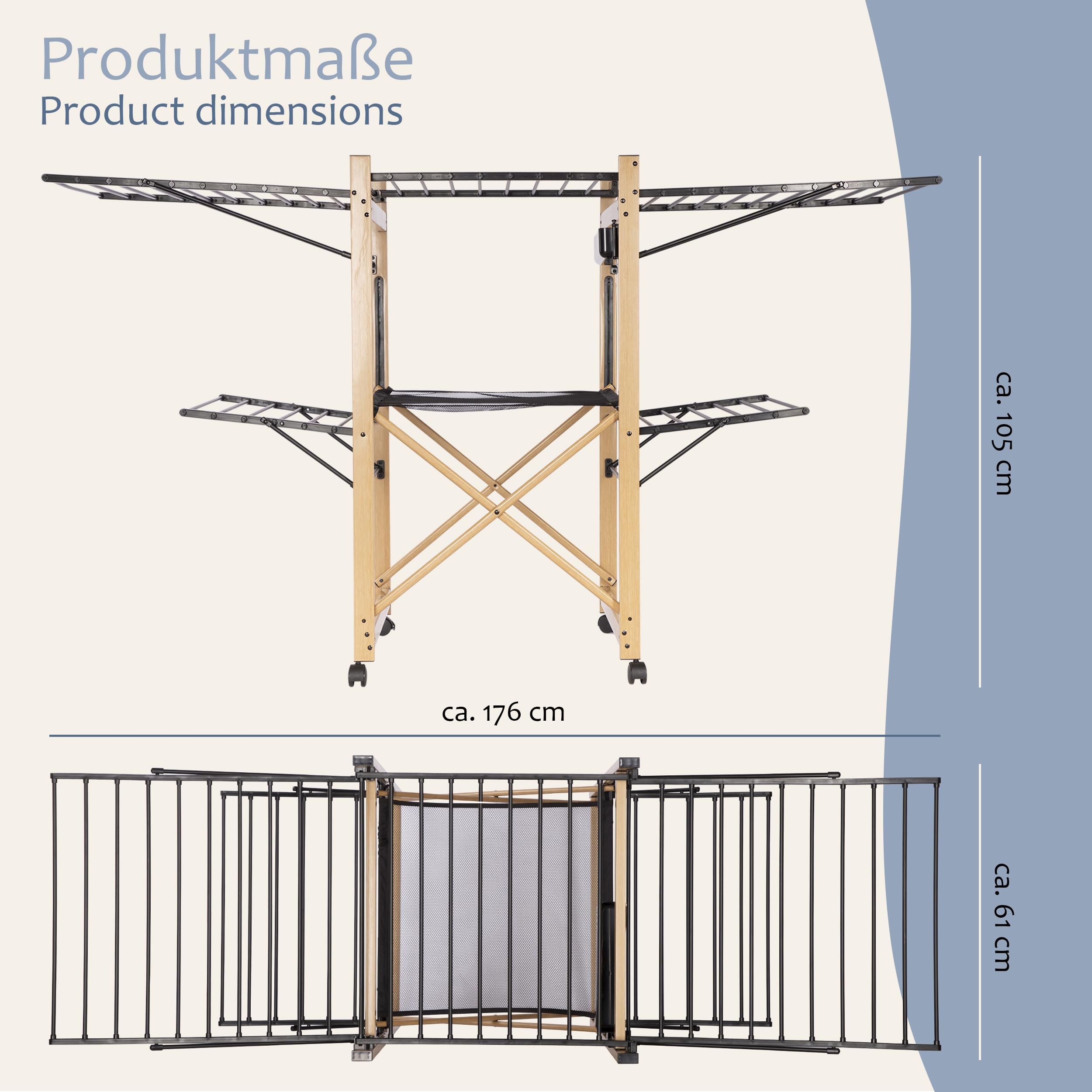 ONVAYA® Faltwäscheständer ǀ Wäscheständer ǀ ausziehbar für Außen- und Innenbereich ǀ inkl. Klammerbox und Netz ǀ platzsparend ǀ Wäscheturm ǀ Holzoptik ǀ Flügelwäschetrockner mit Rollen