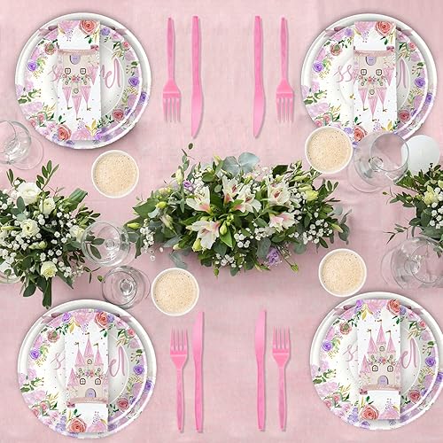 Miniatura 5 de HIPVVILD Vajilla de decoración de fiesta de princesas los suministros de fiesta de cumpleaños de princesa incluyen platos vasos servilletas mantel