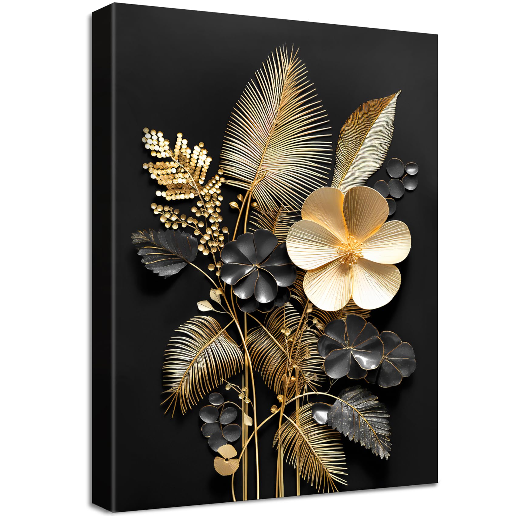 Wooden Framed Canvas Wall Art 3D Black Gold Flowers Painting on Canvas Prints Poster Tropical Coconut Leaves Bouquets Pictures for Living Room Bedroom Home Office Hallway Corridor Wall Decor 30x40cm