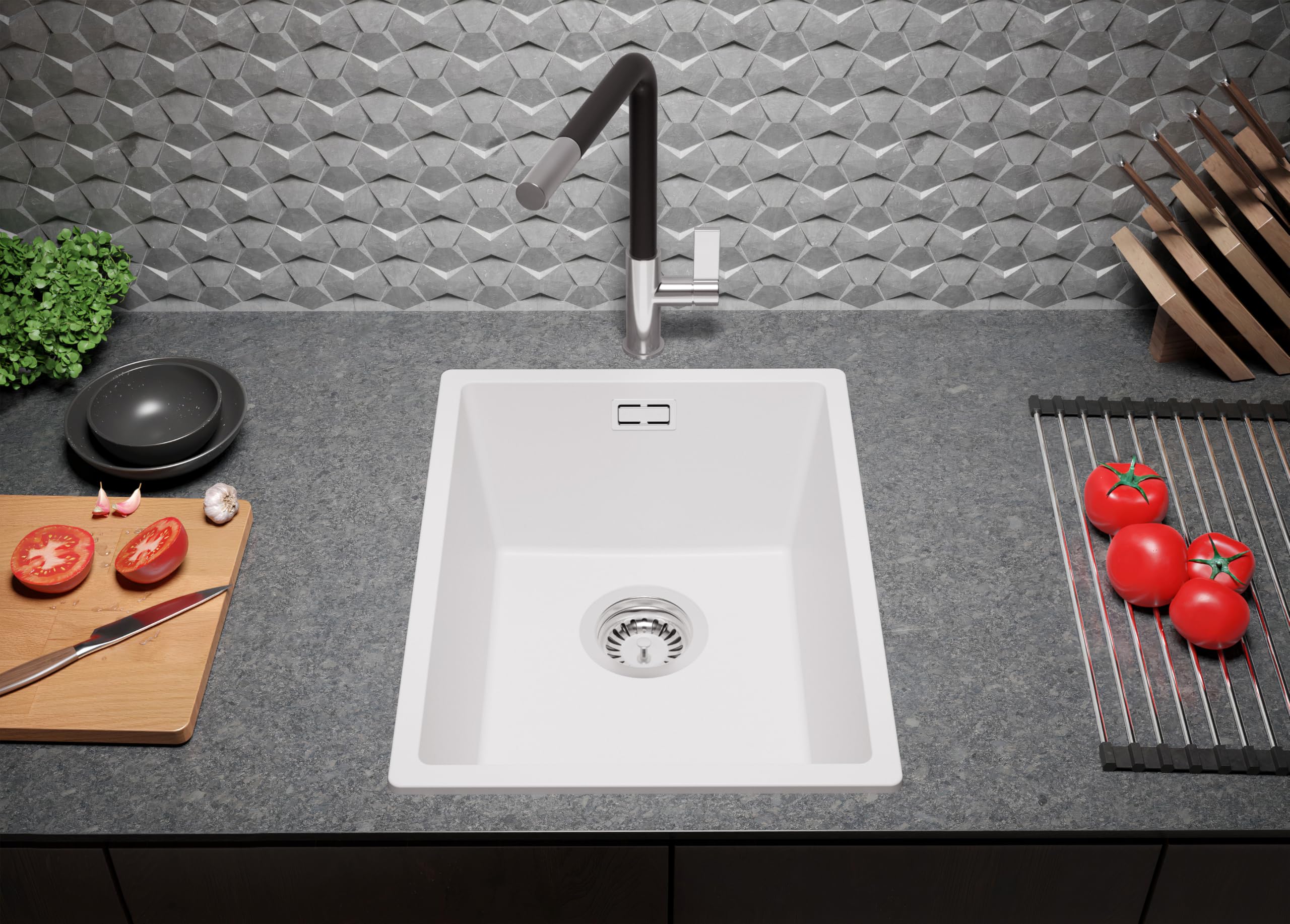 PRIMAGRAN Lavello da Cucina Tutto Bianco 36x47cm, Lavandino in Granito a 1 vasca + Sifone Classico, Lavabo da Cucina Incasso al Mobile 40cm - London Slim S034