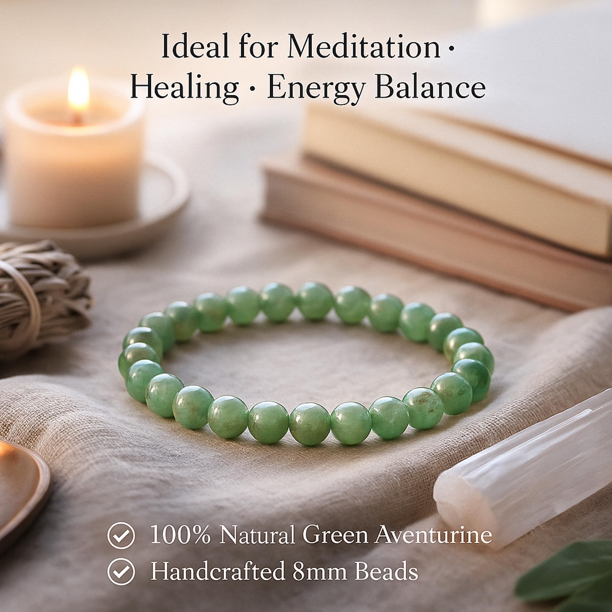 Serein Green Aventurine Bracelet Round 8mm Adjustable Beaded Healing Crystal Bracelet for Prosperity, Money, Good Luck & Heart Chakra, Harmony, Abundance, Emotional Balance, Meditation for Men & Women 1