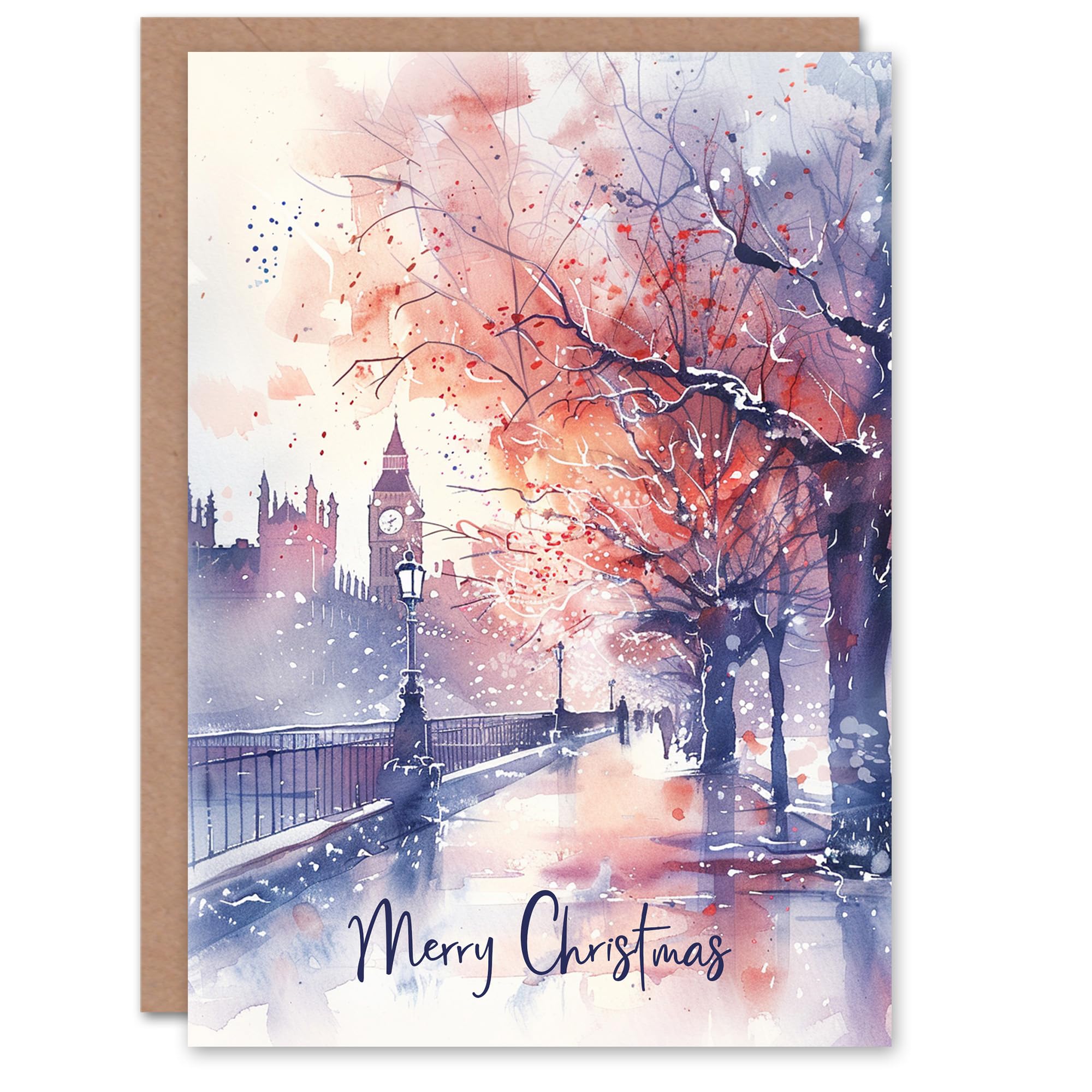 Artery8 London Street View Big Ben Winter Watercolour Blank For Him Or Her Art Christmas Card
