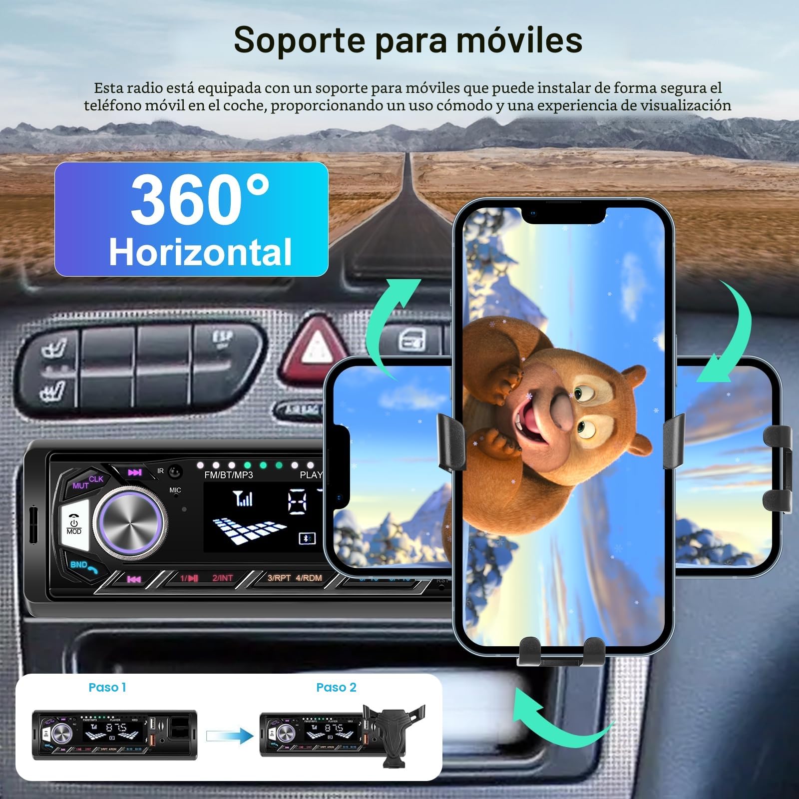 1 DIN Radio de Coche con Bluetooth - Bluetooth Radio de Coche con Soporte para Teléfono Móvil - Llamadas Manos Libres, Radio FM, Puerto USB/TF/AUX, Retroiluminación de Colores