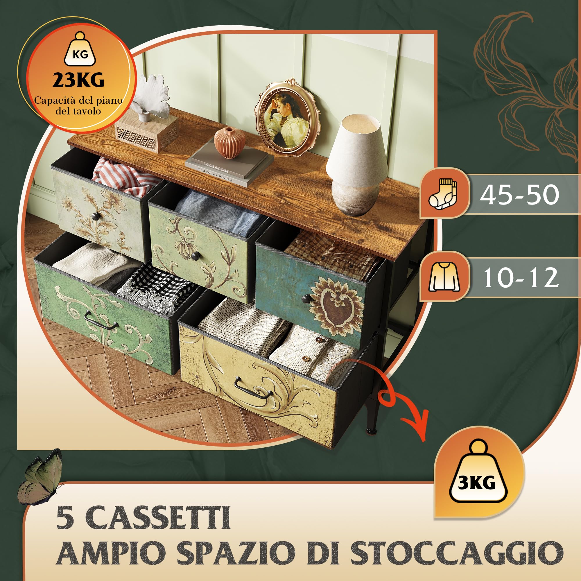 WLIVE Comò con 5 cassetti Boemia datoeletta con pannello in legno, cassetti intessuto, struttura in metallo, comò a torre,organizzatore per soggiorno, camera da letto,corridoio