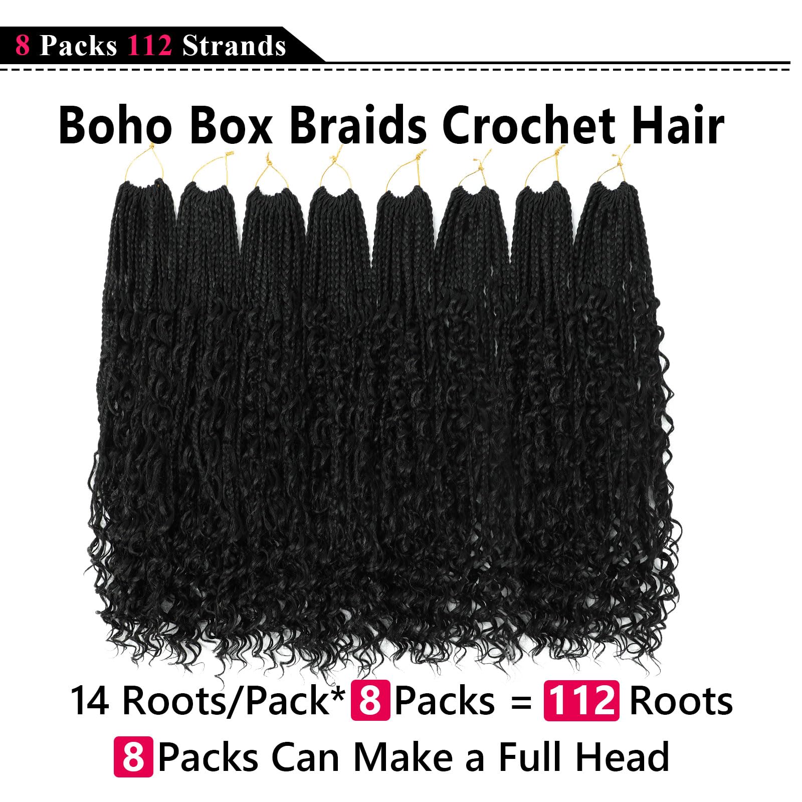 Goddess Box Braids Crochet Hair 24 Inch 8 Packs Boho Box Braids Pre Looped Crochet Hair For Black Women, With Curly Ends, Nice looking, Very Soft and Light Weight (24 Inch, 1B)