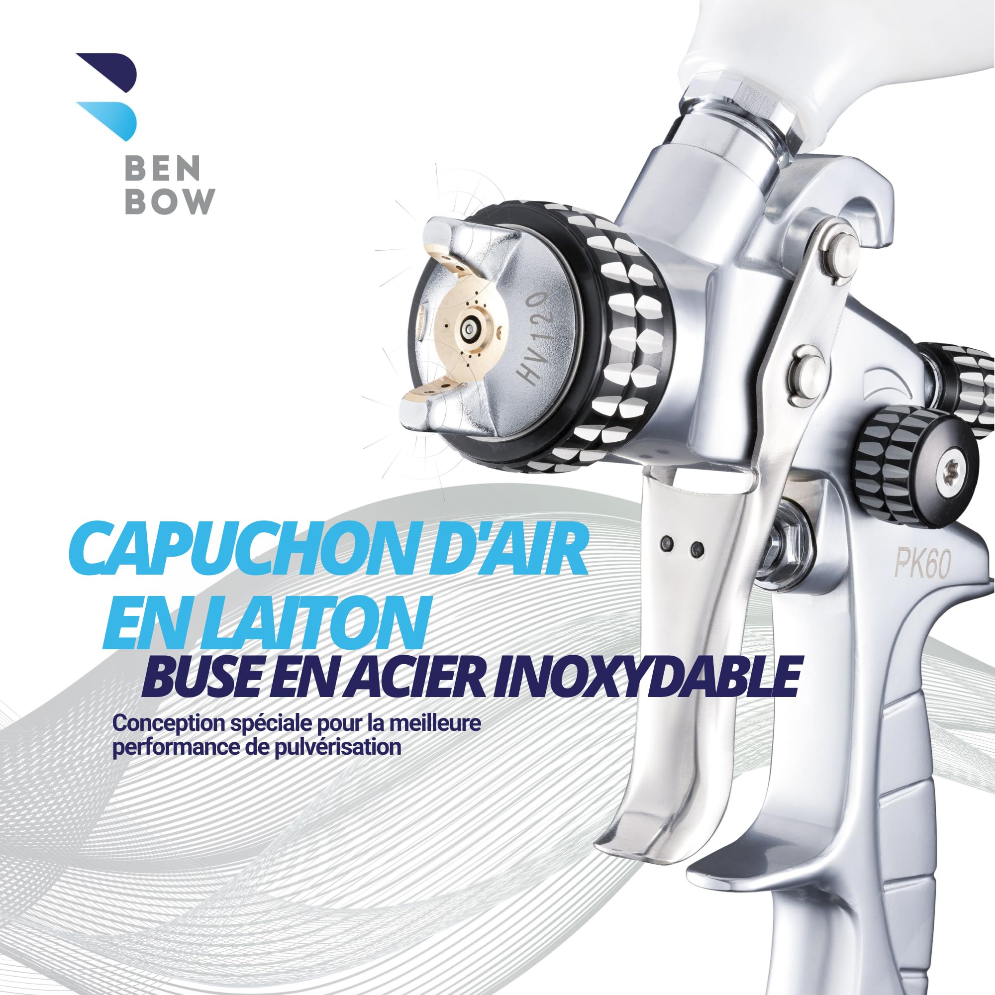 BenBow Pistolet à Peinture PK60 HVLP 1,4 mm + 1,8 mm buse + réservoir de Peinture de 600 ML – idéal pour la Peinture Automobile – Pistolet pulvérisateur