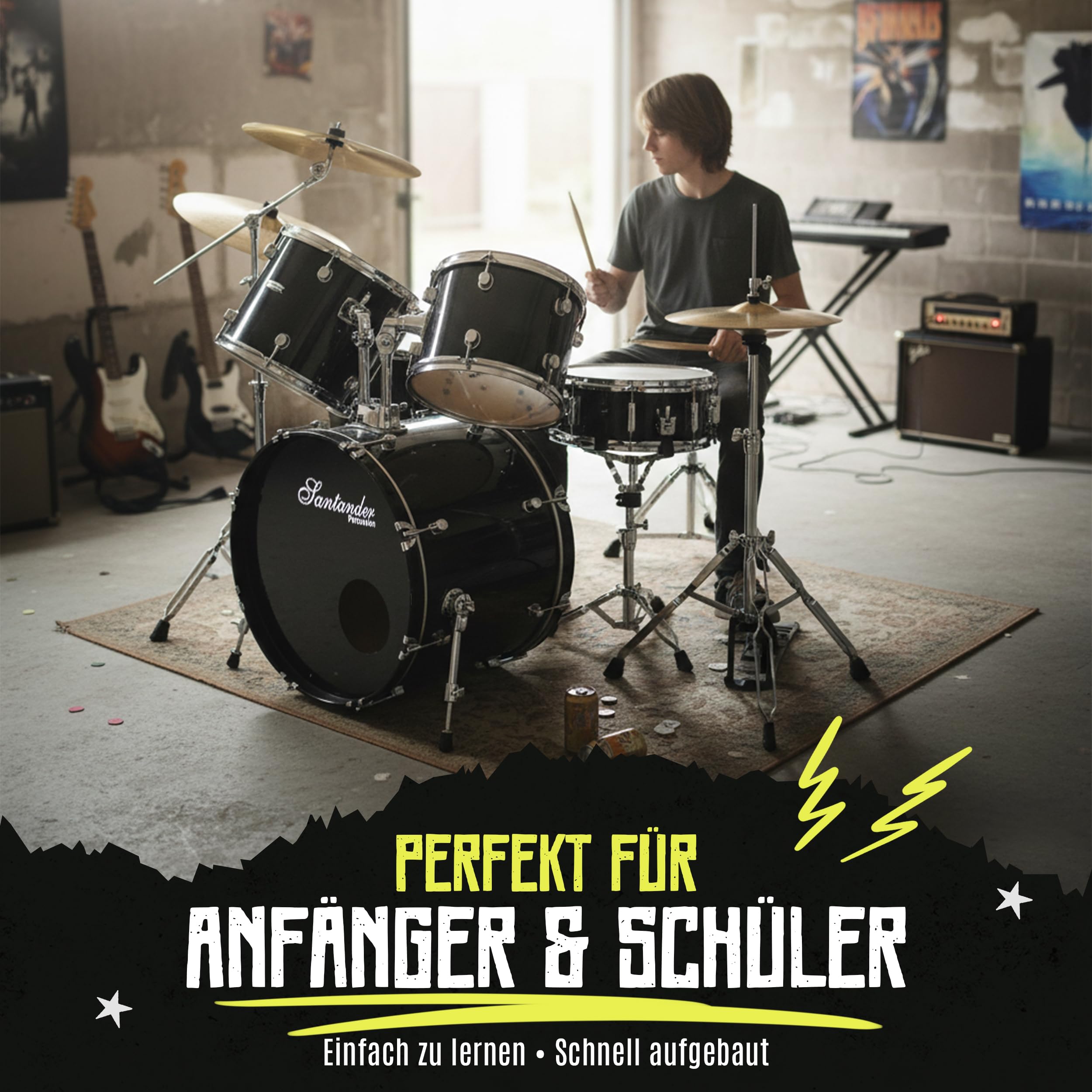 Santander Schlagzeug Set 9-teilig schwarz – Musik-Lern-Instrumentenset für Anfänger, Jugendliche & Schüler – mit Becken, Ständer, Hocker, Snaredrum, Bassdrum, Toms - in Hochglanz schwarz