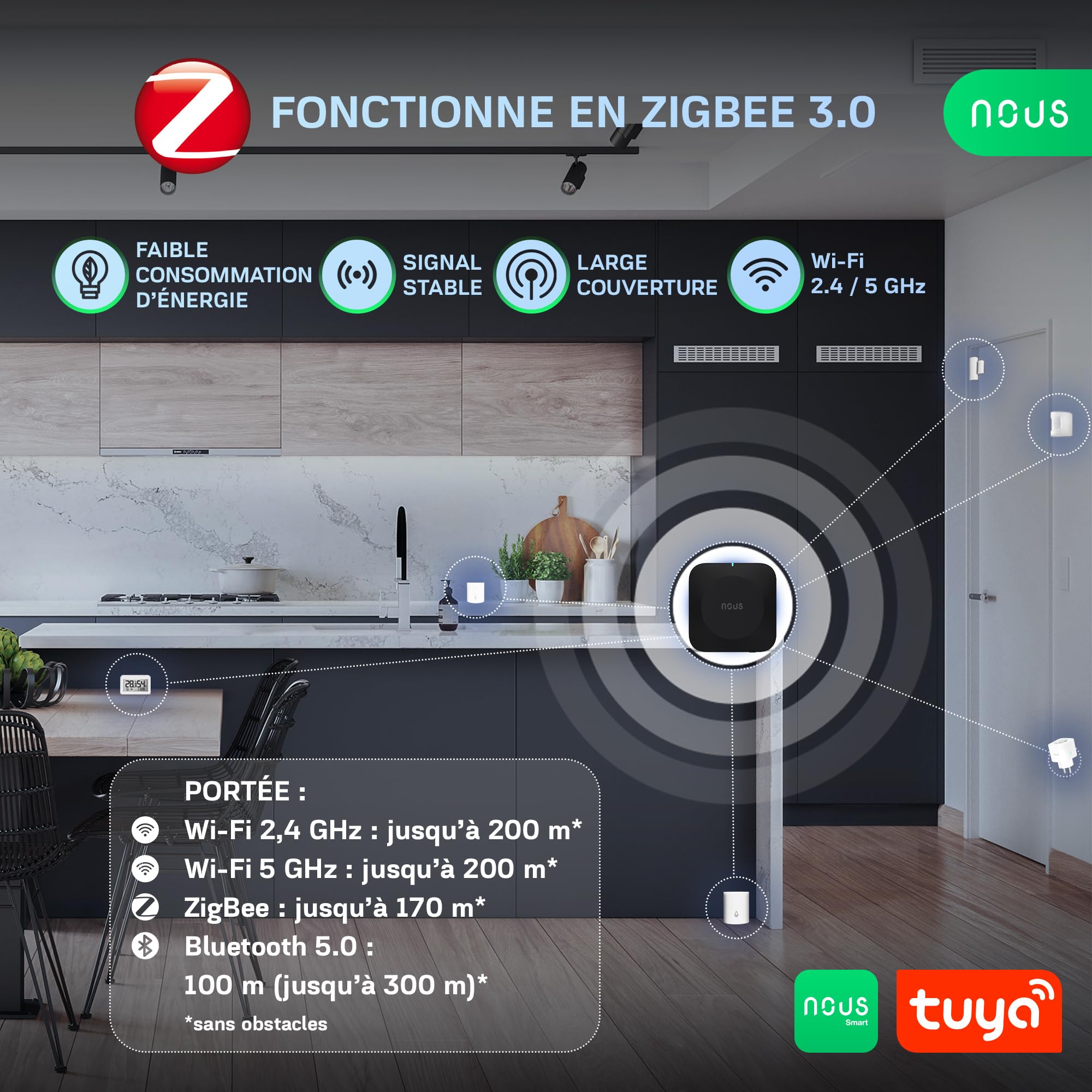 NOUS E15 Passerelle ZigBee 3.0 Smart Gateway 2.4/5 GHz, Hub Domotique, Contrôle via App, Compatible Alexa & Google Home, Jusqu’à 128 Appareils, WiFi Double Bande
