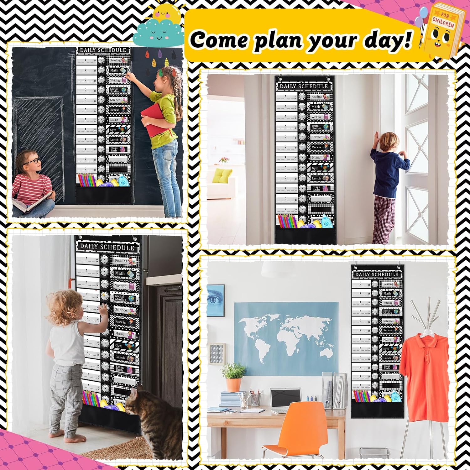 Chiisong Daily Schedule Pocket Chart, 14+1 Pocket, with 40 Pcs Reusable Dry Eraser Cards Calendar for Classroom Toddler Schedule Chart Office Home Activity(Classic Style)