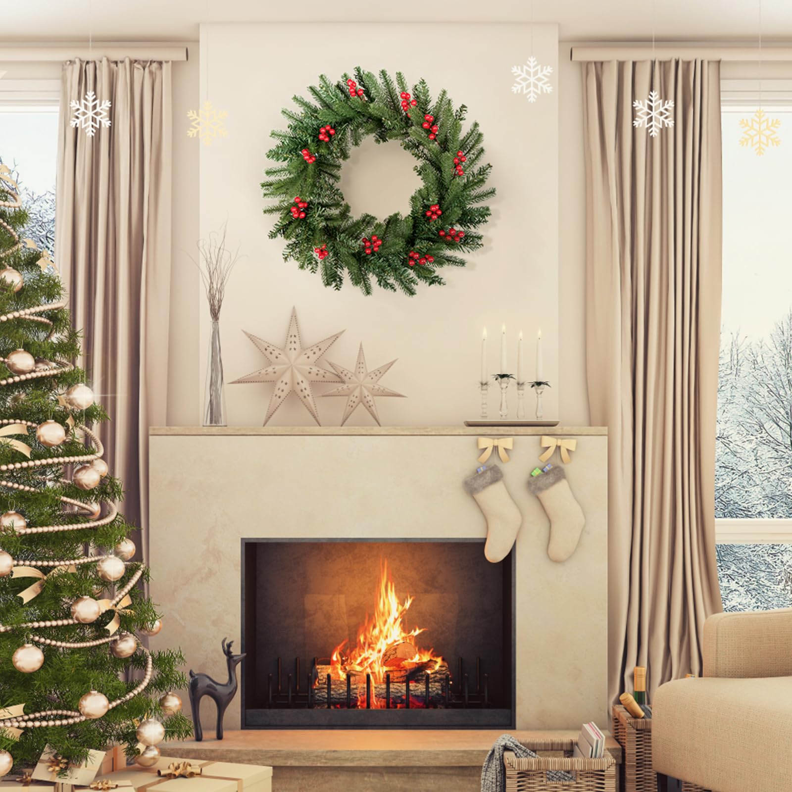 Uten Corona Navidad Grande, 50 cm, con 12 Frutos Rojos, Material de PVC y PE, Decoraciones Navideñas Puertas, Chimeneas, Ventanas