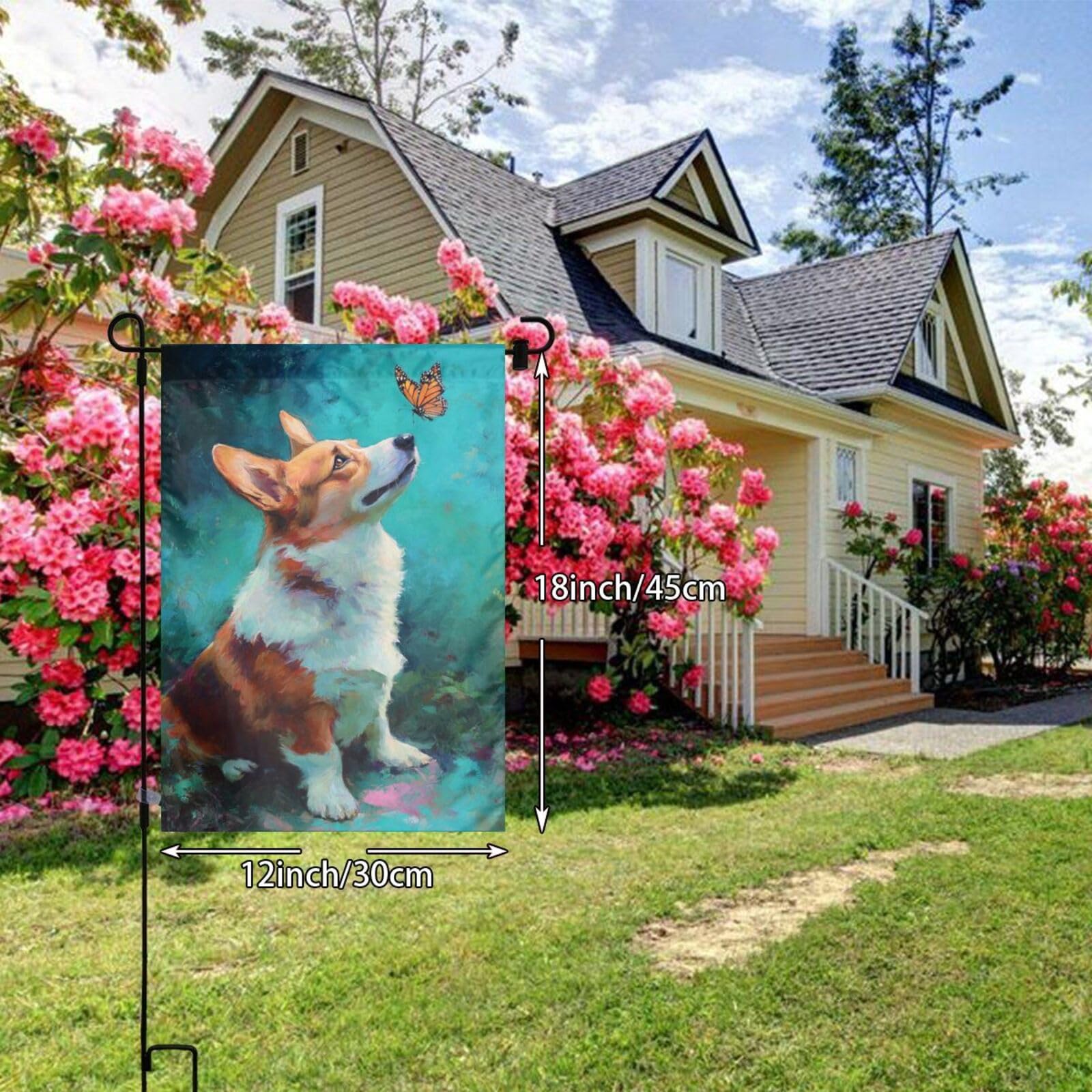 Corgi Dog Looking At Butterfly Garden Flag 12x18 Vertical Double Sided Farmhouse Holiday Outside Decorations Yard Flag