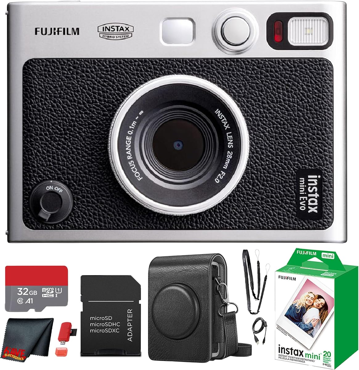 FUJIFILM INSTAX Mini EVO Hybrid Instant Camera (Black) 20-Sheet Bundle | For Parties, Events & Instant Photos | Includes 32GB Memory Card, Camera Case, Cleaning Cloth
