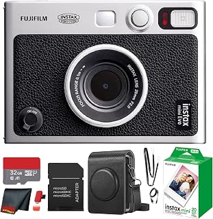 Fujifilm Instax Mini EVO Hybrid Instant Camera Black Bundle: 20 Sheets Film, 32GB Card, Case & Cleaning Cloth