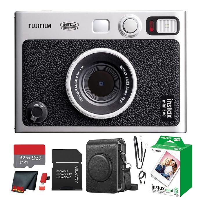 Fujifilm Instax Mini EVO Hybrid Black Instant Camera | Instax Mini Twin Pack Instant Film | 32GB microSD Card with Adapter | Black Camera Case