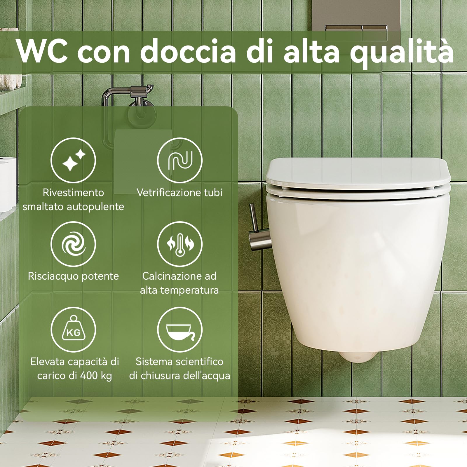 WC con ugello integrato, WC sospeso con funzione bidet, WC con rivestimento nano-rivestimento, WC con rubinetto, sedile WC con abbassamento automatico, 53 x 36 x 35 cm
