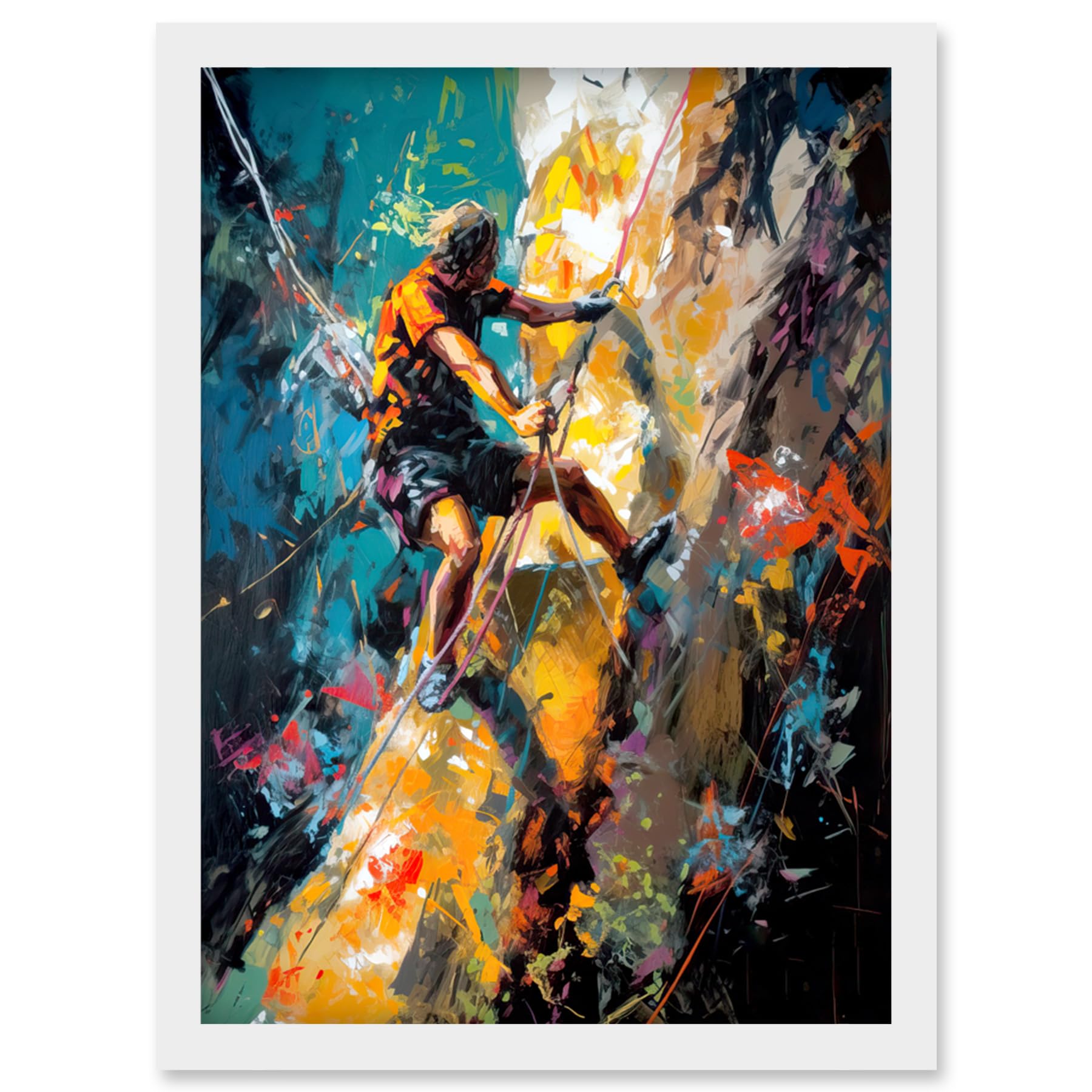 Artery8 Rock Climber Climbing Multicoloured Mountain Cliff Artwork Framed Wall Art Print A4