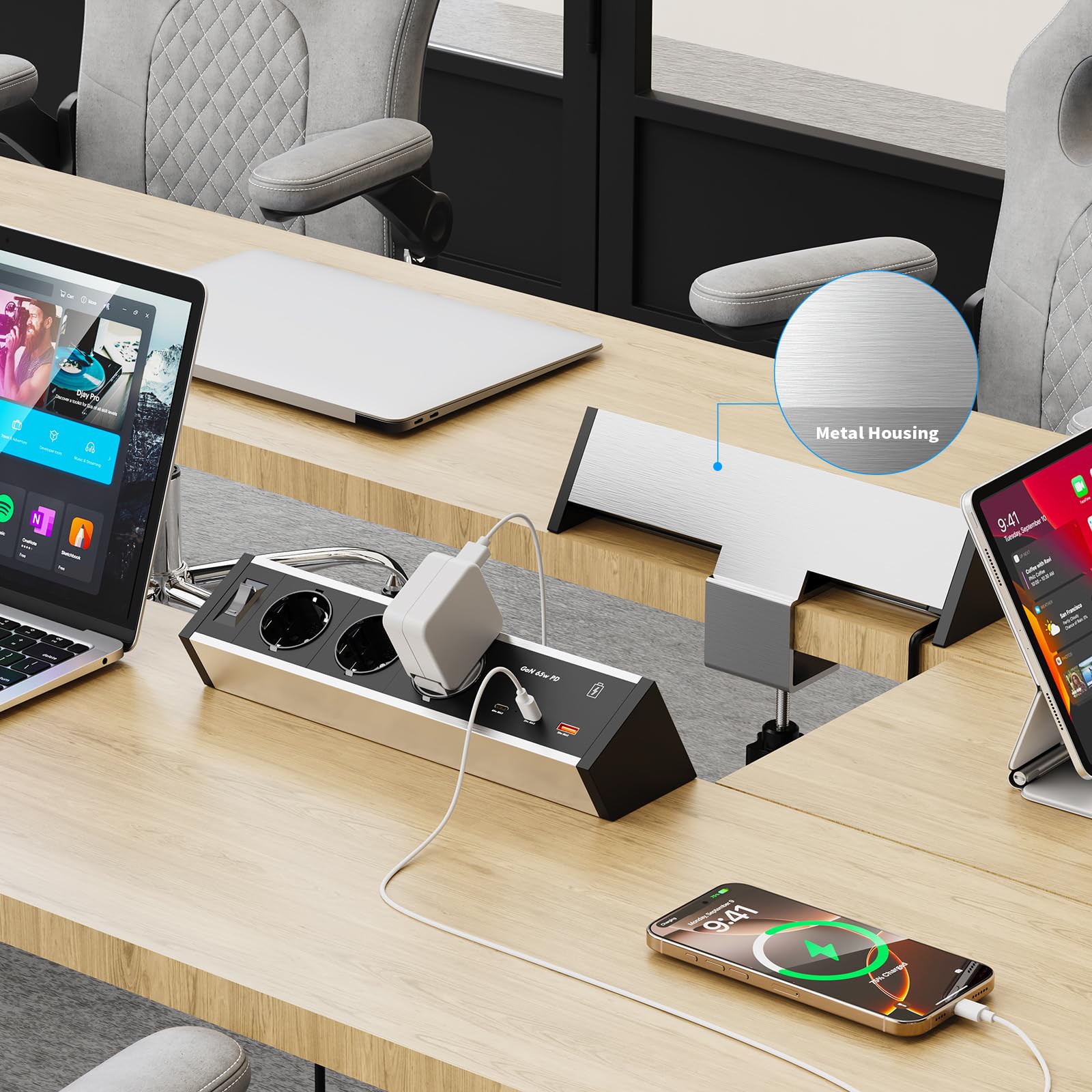 Regleta de Escritorio con USB-C PD 65W GAN, 3 Tomas, con Pinza | USB-C2 y USB-A hasta 25W, carcasa de aluminio, interruptor, protección contra sobrecargas, cable 3 m, oficina y escritorio