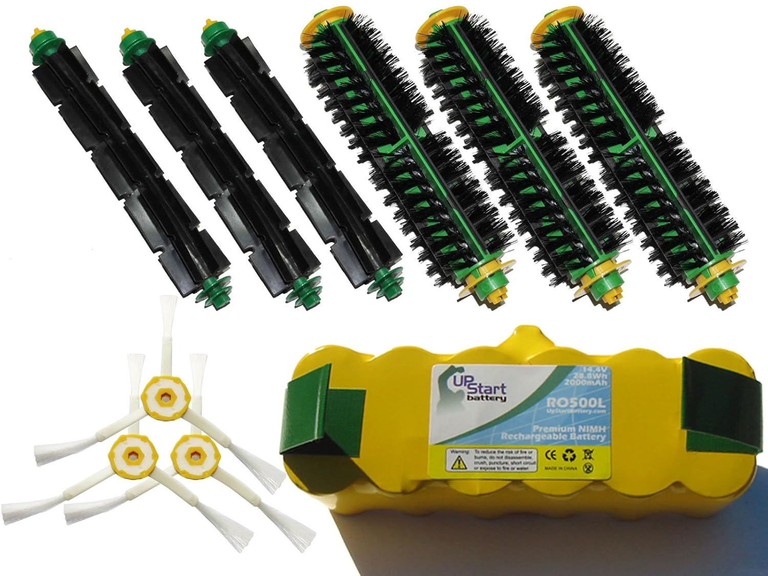 Replacement for iRobot Roomba 581 - AeroVac Battery, Bristle Brush and Flexible Beater Brush, 3-Arm Side Brush - Kit Includes 1 Battery, 3 Bristle Brush and 3 Flexible Beater Brush, 3 3-Arm Side Brush