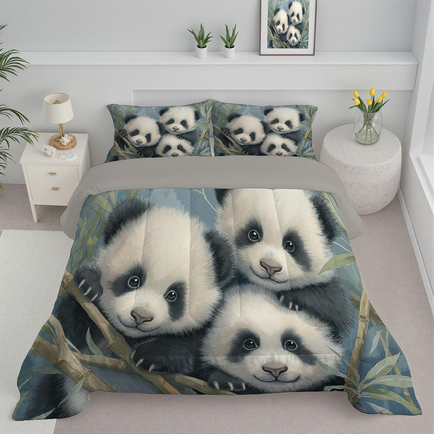 Kids 90" x 90" Coverless Duvet for All Seasons, Reversible Washable 3 Quilt with Abstract Bamboo Forest Patterns, Blue Comforter with 2 Pillowcases 50x75cm, Queen