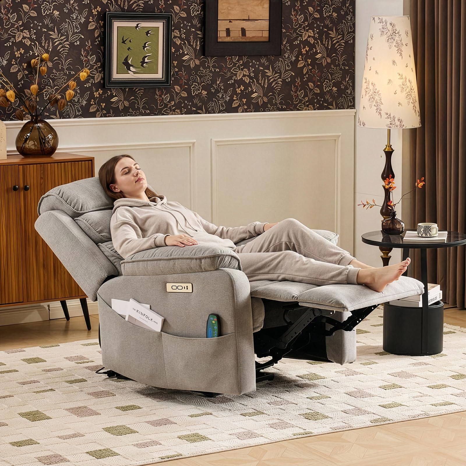 LEADZM Fernsehsessel Relaxsessel mit drahtloser Ladevorrichtung, 1 USB-Anschluss, 1 USB-C-Ladeanschluss, Liegen TV Sessel mit Heizung, Vibrationsmassage, Seitentaschen, Getränkehalter (Hellgrau)