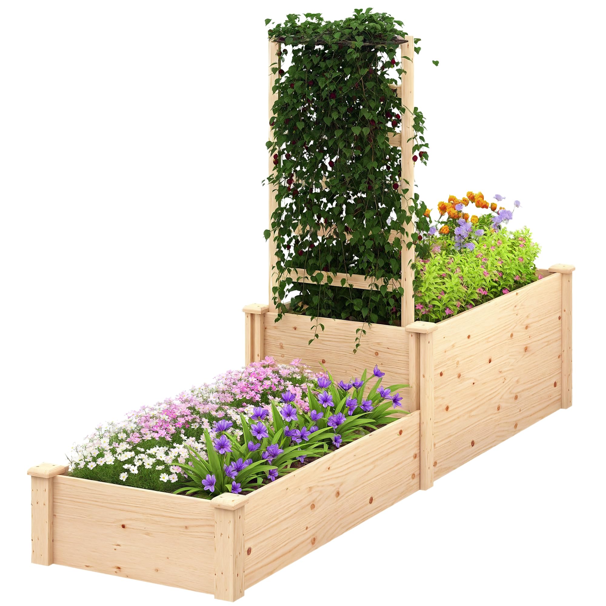 Outsunny Skrzynka na kwiaty z kratką, podniesione łóżko ogrodowe, 2 pojemniki na rośliny z otwartym dnem, drewniana skrzynka na kwiaty na balkon, taras, patio, 222 x 63 x 132 cm, naturalne drewno
