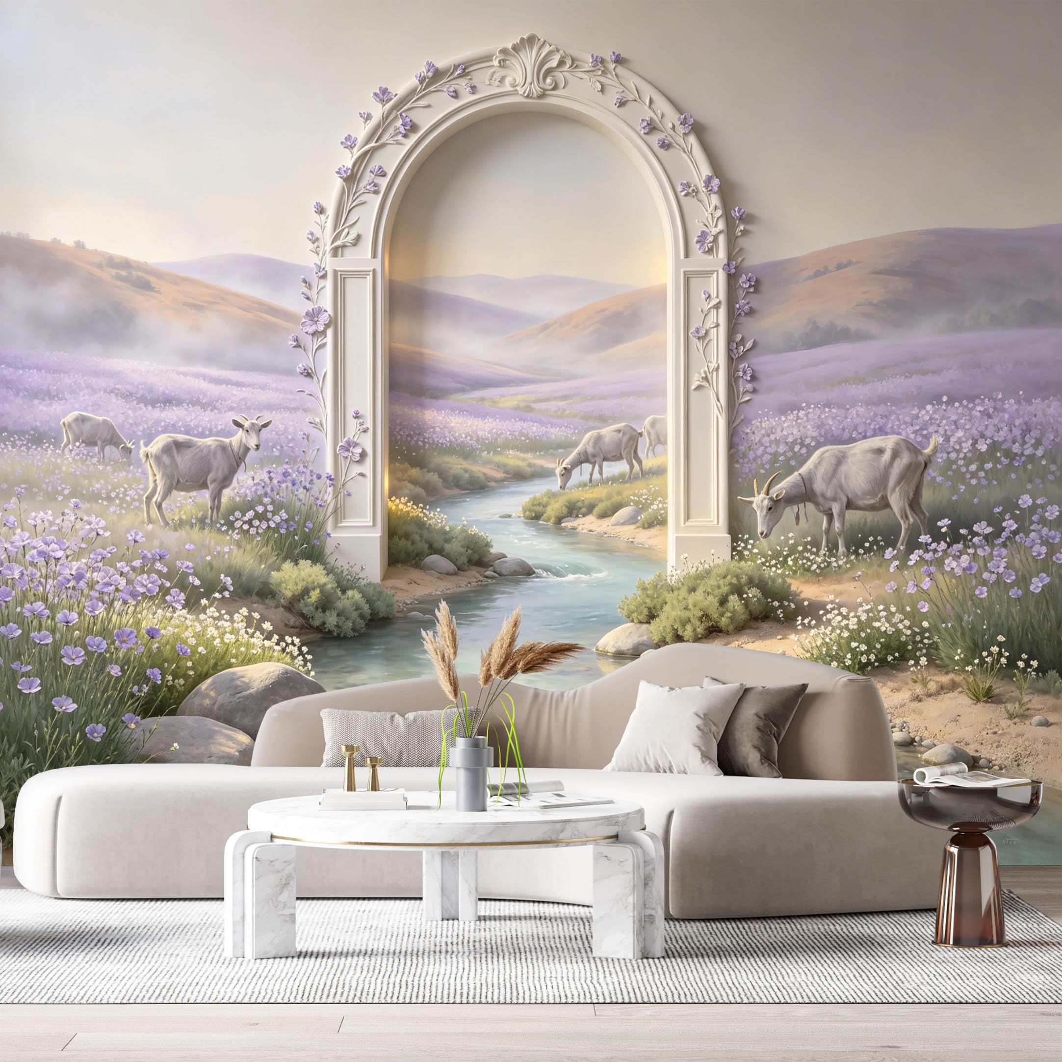 Custom Size Wall Murals Neoclassical Arch Lavender Field River Goat Landscape 3D Trompe L'Oeil SelfAdhesiveWall Fabric Removable Wallpaper Wall Decor for Living Room Bedroom Bathroom