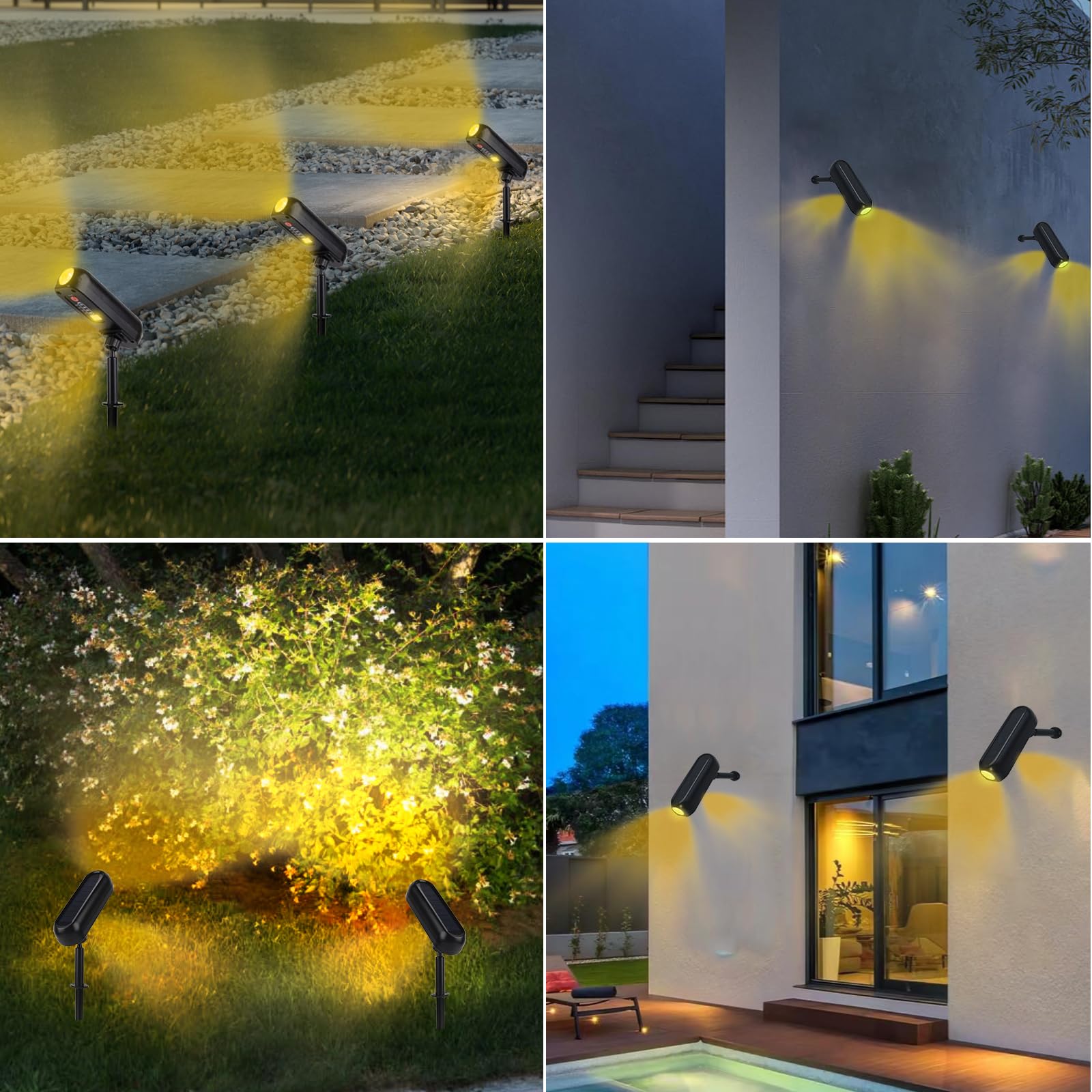T-SUN 4 Piezas Luces Solares, 3000K Foco Solar Exterior, Luz Solar Exterior Impermeable IP65, ángulo de 360° Ajustable, Lámparas Solares para Patio, Caminos, Suelo, Piscina, Césped