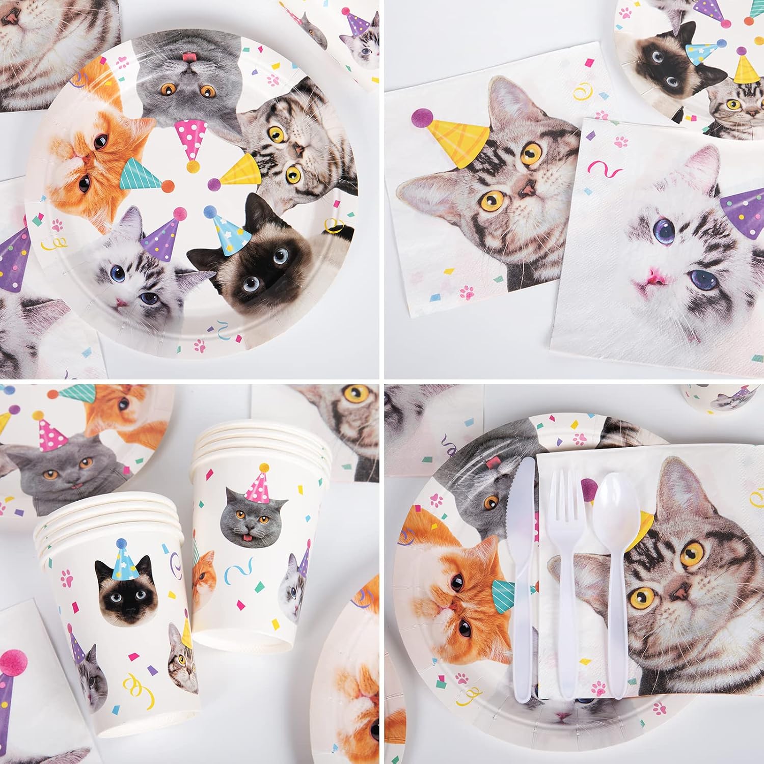 DECORLIFE Cat Party Supplies Serves 16, Cute Complete Pack Includes Cat Birthday Plates and Napkins, Cups, Cutlery, for Cat Party Decorations, Total 112 PCS