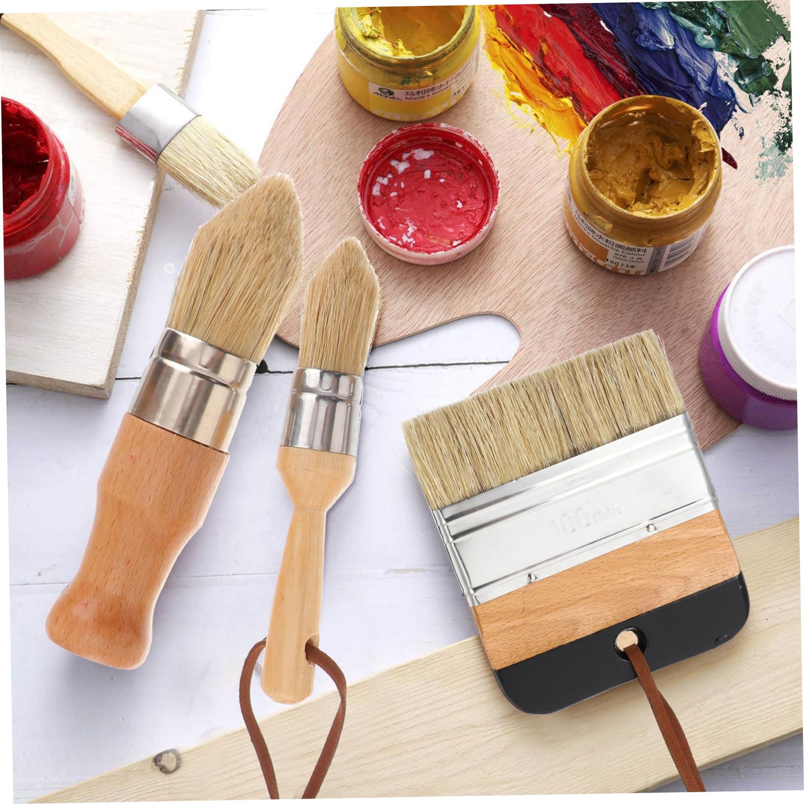 Homoyoyo Set de 5 Pinceaux à Poils Ronds en Bois et Alliage D'aluminium, Brosses Robustes Sangles en Cuir, pour Décoration et Peinture la Maison