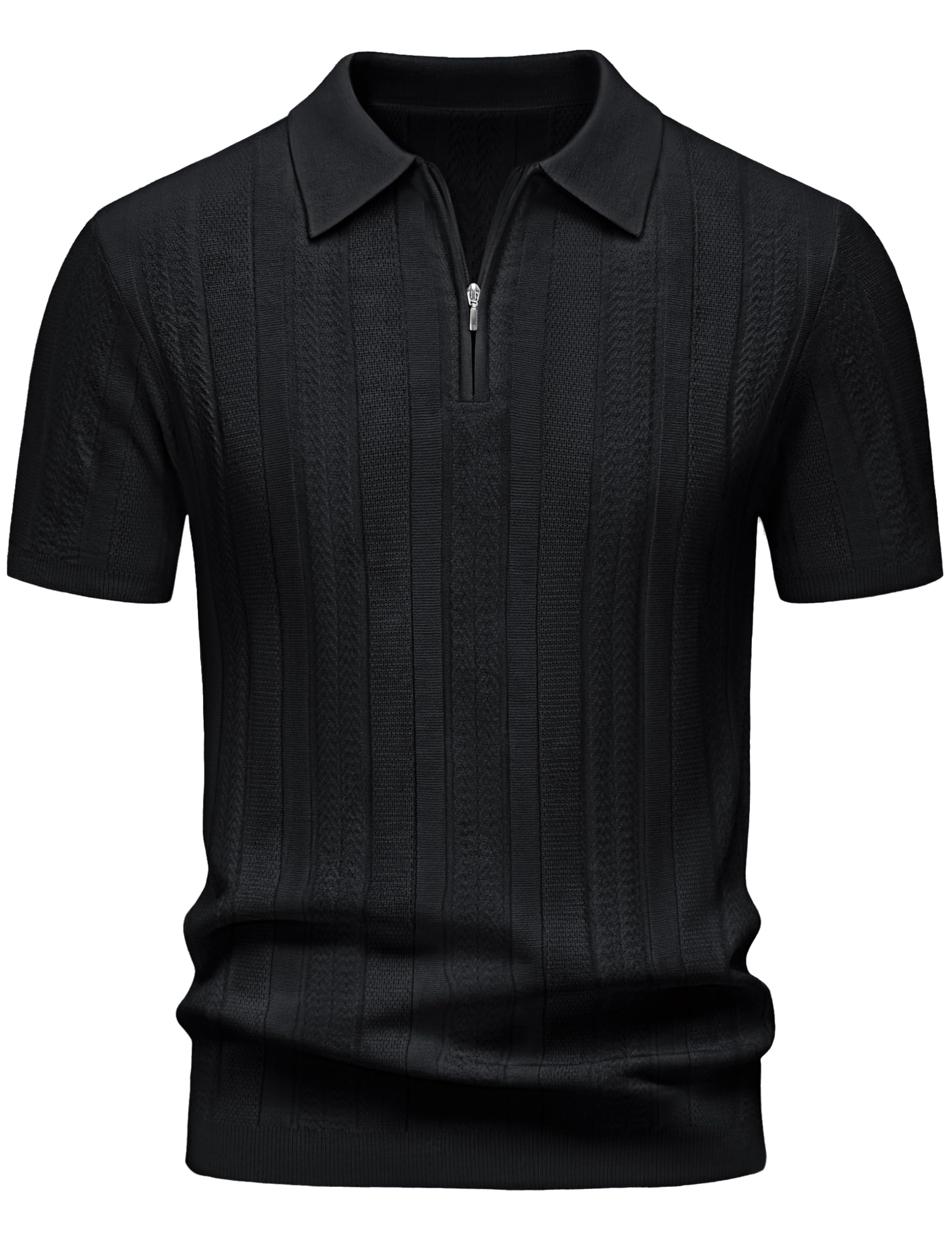 Cotrasen Mens Zipper Polo Shirts Short Sleeve Textured Knit Polo Shirts Regular Fit Casual Stretchy Golf Shirts