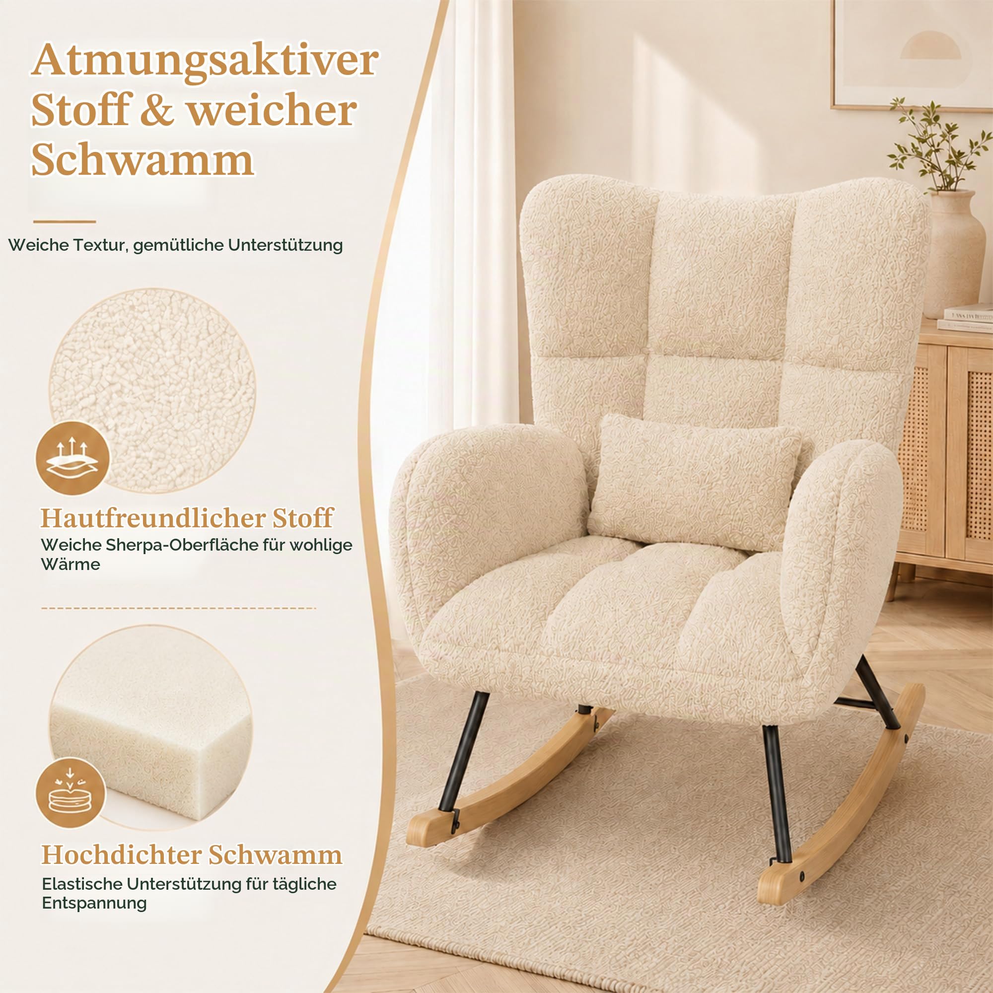 Schaukelstuhl, Loungesessel, Stillstuhl, Wohnzimmersessel, Schaukelsessel aus Teddy-Stoff mit Metallgestell & Holzschaukel und Lendenkissen, Beige