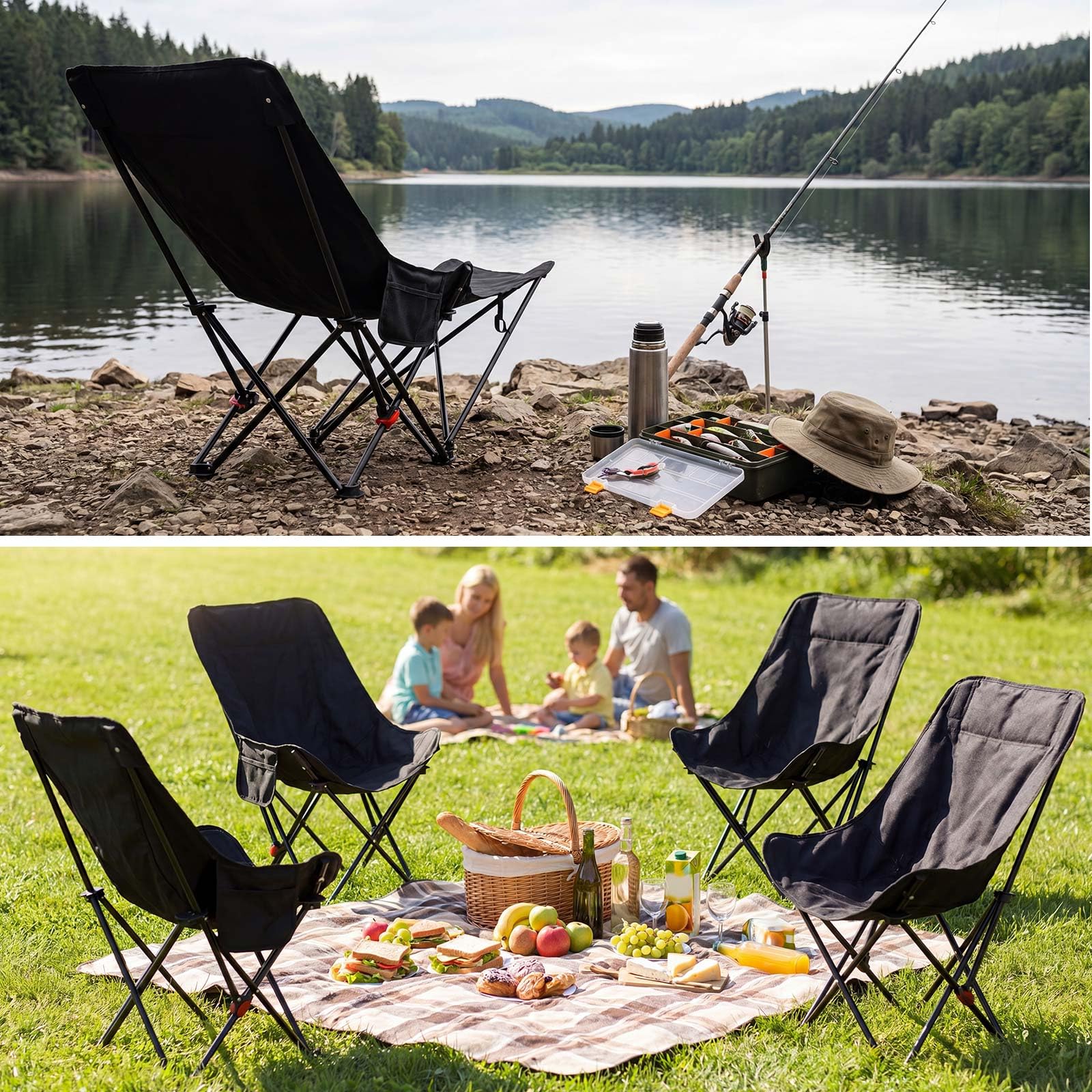 Jadive Lot de 4 Chaises de Camping 2-en-1 avec Repose-Pieds 150kg – Chaise Pliante Réglable 3 Positions, Fauteuil Relax pour Camping, Pêche et Extérieur
