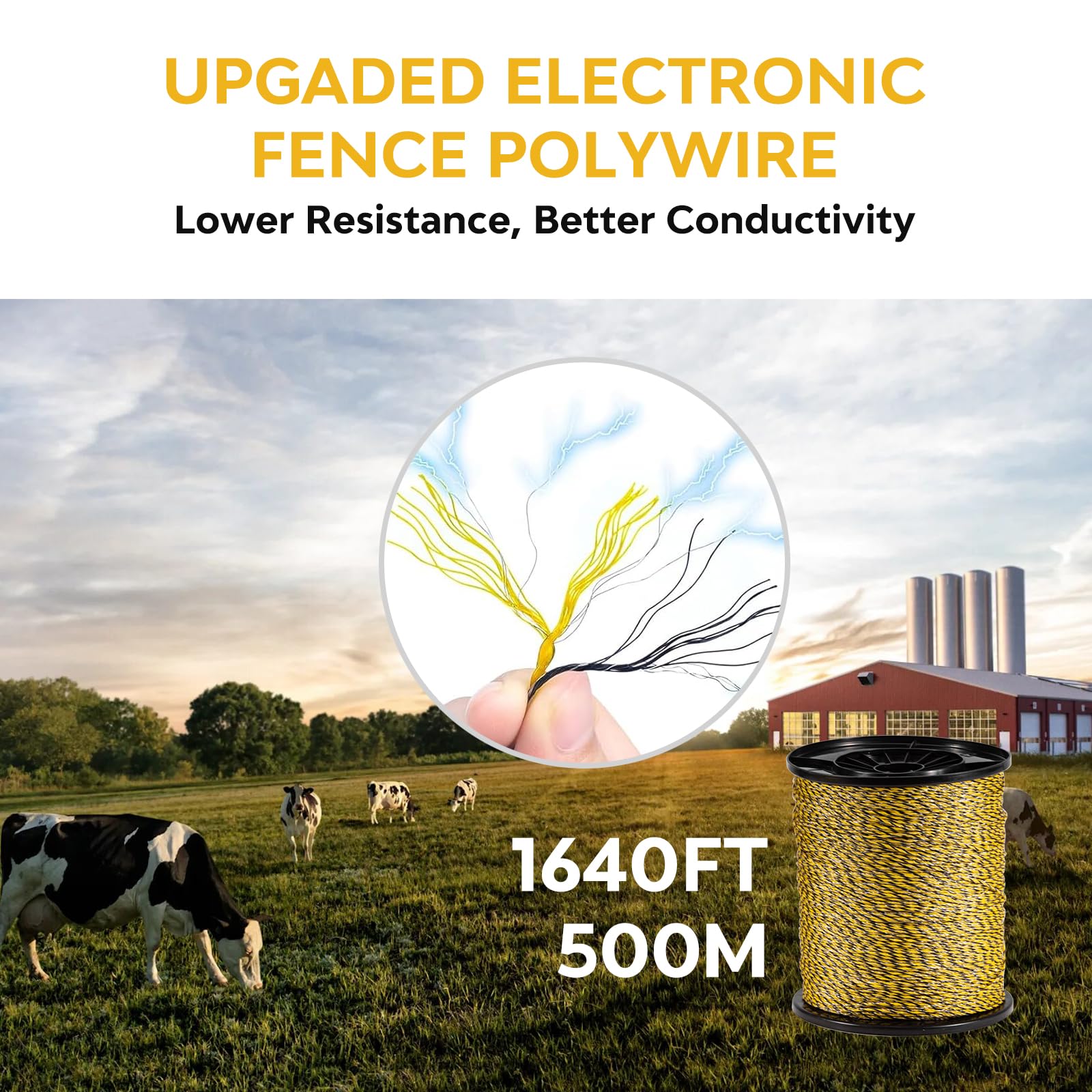 Cuerda para Cerca Eléctrica 500m, 3,0mm, 9 Hilos de Acero Inox & 33 Fibras PE, Negro-Amarillo, Para Caballos, Ganado, Cabras, Perros y Protección de Cultivos