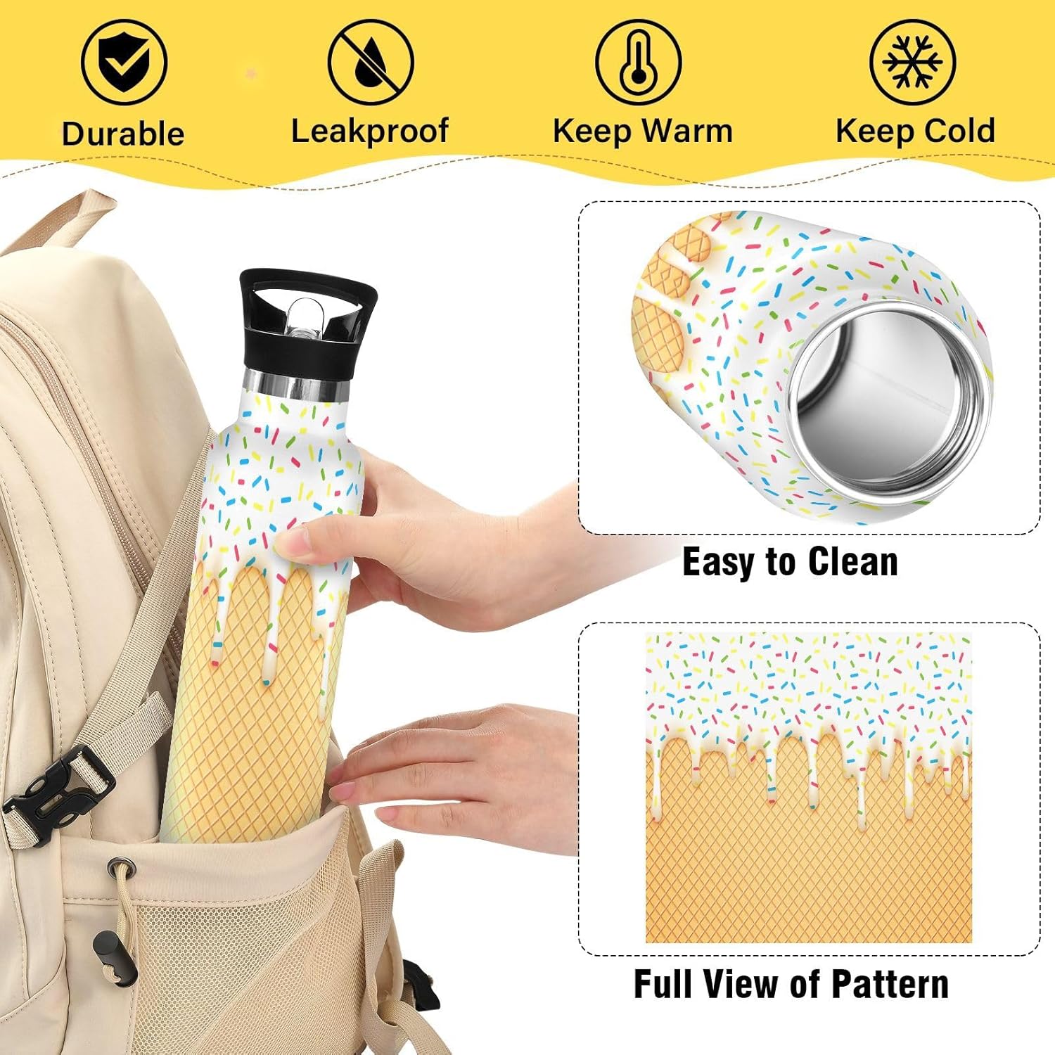 Water Bottle Kids Insulated Stainless Steel Hot Cold Ice Cream Cone Water Flask Jug with Straw Lid for Sports Gym Running 20 oz - Image 4