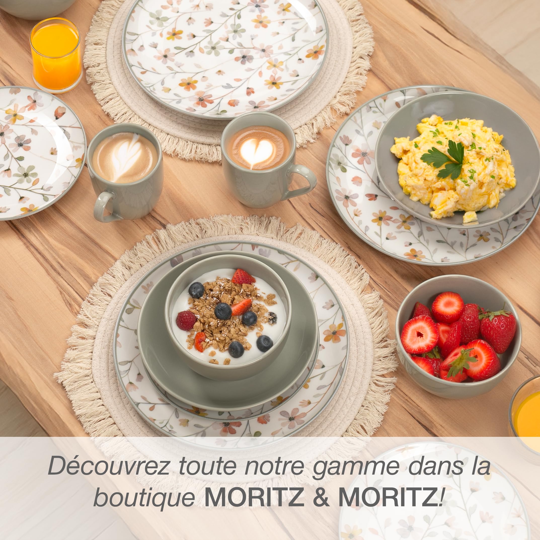 Moritz & Moritz PRIMAVERA Vaisselle en Grès 6 Personnes 24 Pièces - Service de Table Moderne avec Design Ludique, Service à Café Facile à Entretenir avec Ensemble d’Assiettes, Bols & Tasses - Service