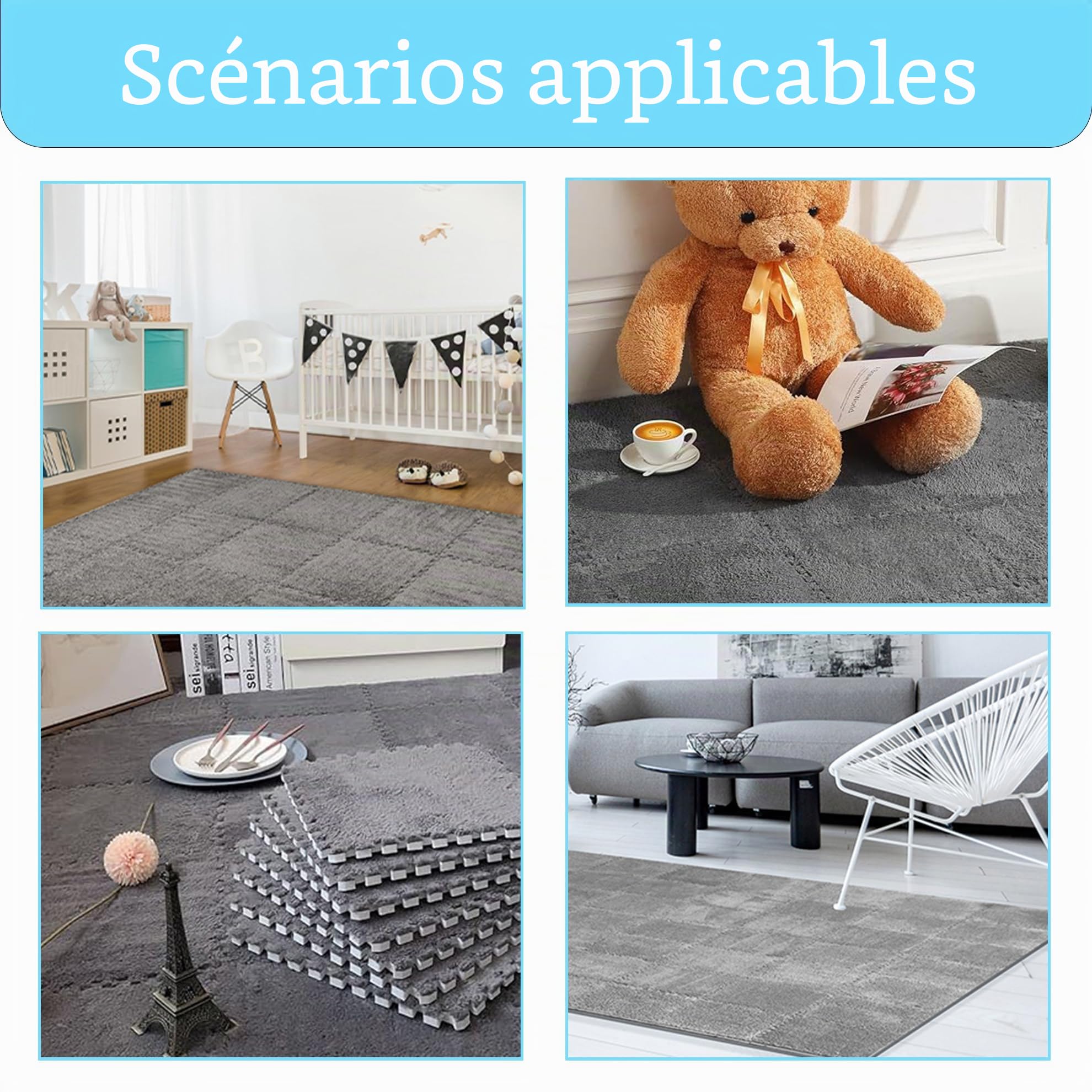 50 pièces de tapis en mousse à assembler en peluche, 30 x 30 cm - Tapis de sol pour salon et chambre à coucher - Tapis de sol en mousse à assembler pour le jeu (Gris, 50 pièces)