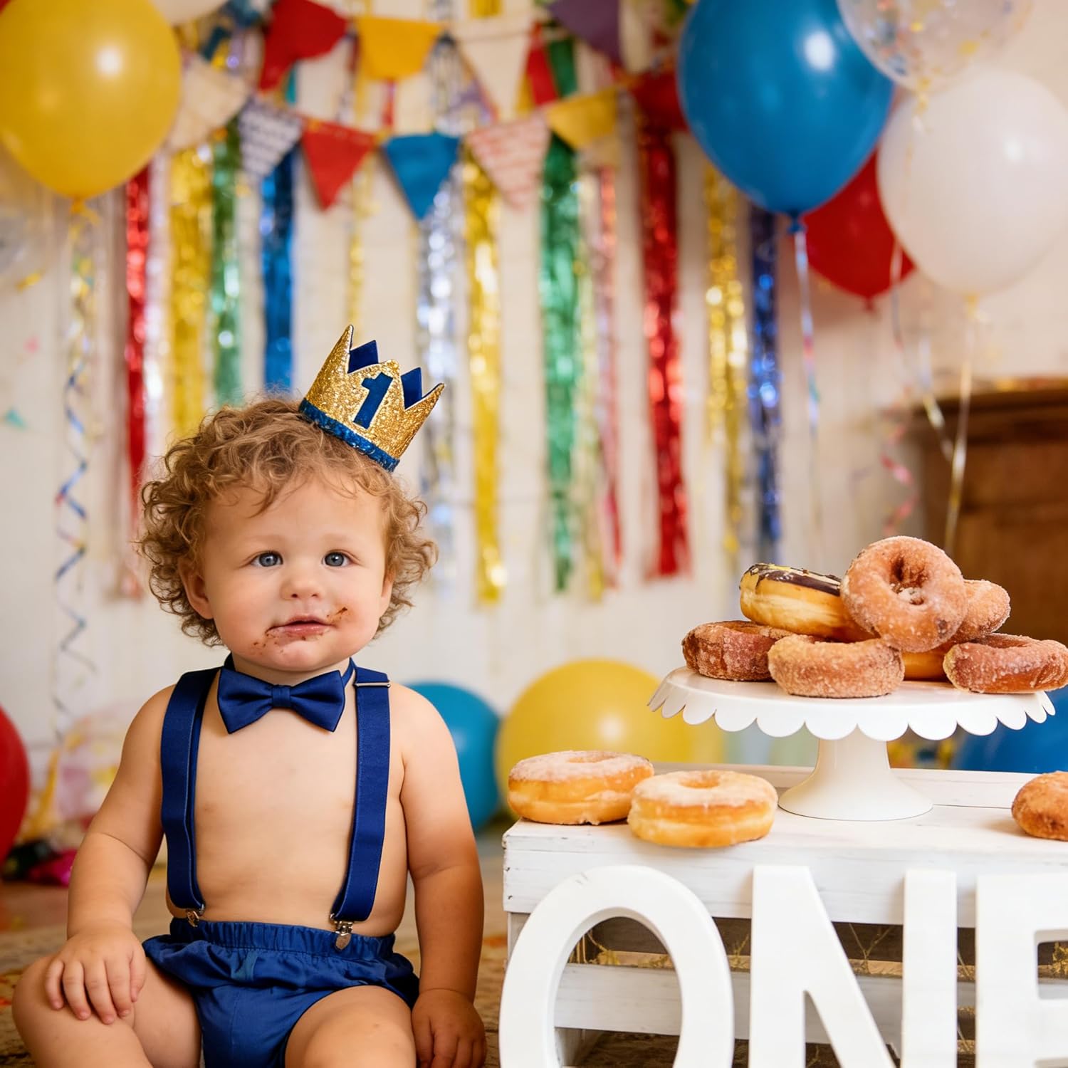 WELROG Baby Boys First Birthday Cake Smash Outfit Bow Tie Suspenders Bloomers Birthday Hat Sparkle Gold Set - Image 7
