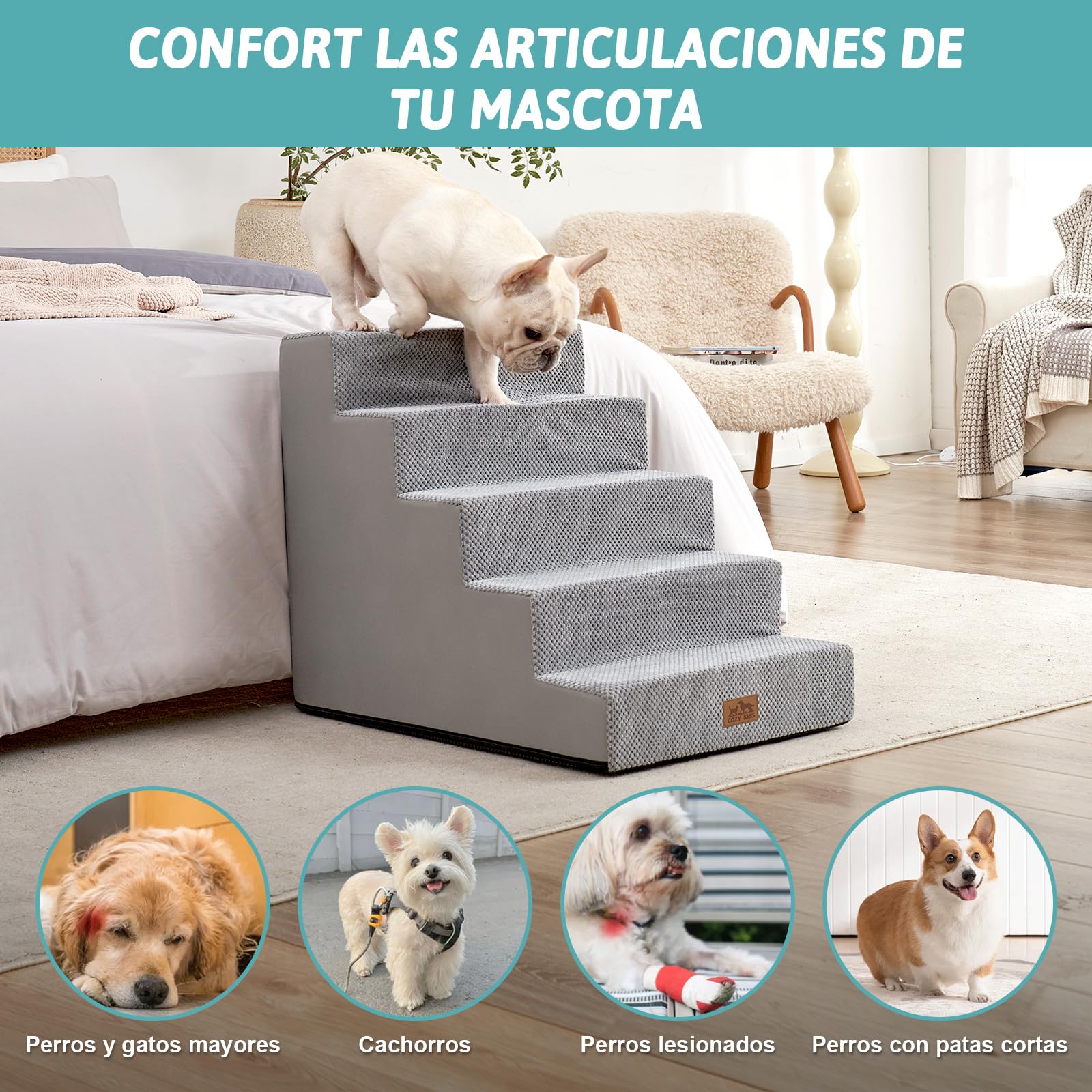 COZY KISS Escalera para Perros Pequeños 50 cm de Ancho, Escalera para Mascotas para Cama Sofá con Funda Lavable, Escalera para Gatos de Espuma de Alta Densidad (Gris, 75x50x60cm, 5)