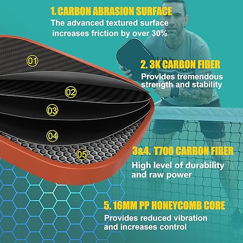 Miniatura 3 de Paleta de pickleball, palas de pickleball, superficie de pala de fibra de carbono cruda 3K con gran grano y giro, raqueta de pickleball T700 con