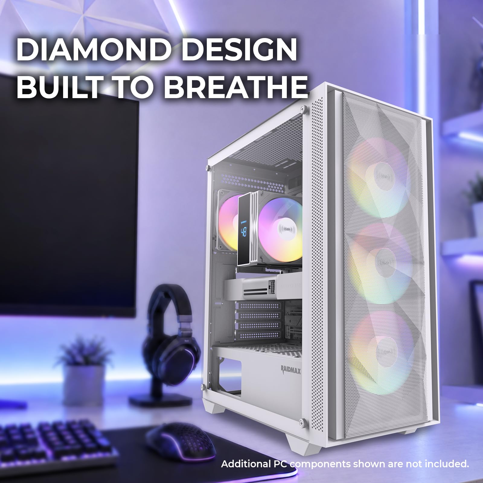 RAIDMAX V217 ATX Mid Tower Mesh Gaming PC Case, diseño de panel frontal de alto flujo de aire, 4 ventiladores ARGB de 120 mm preinstalados, panel lateral de vidrio templado, soporta GPU de 305 mm