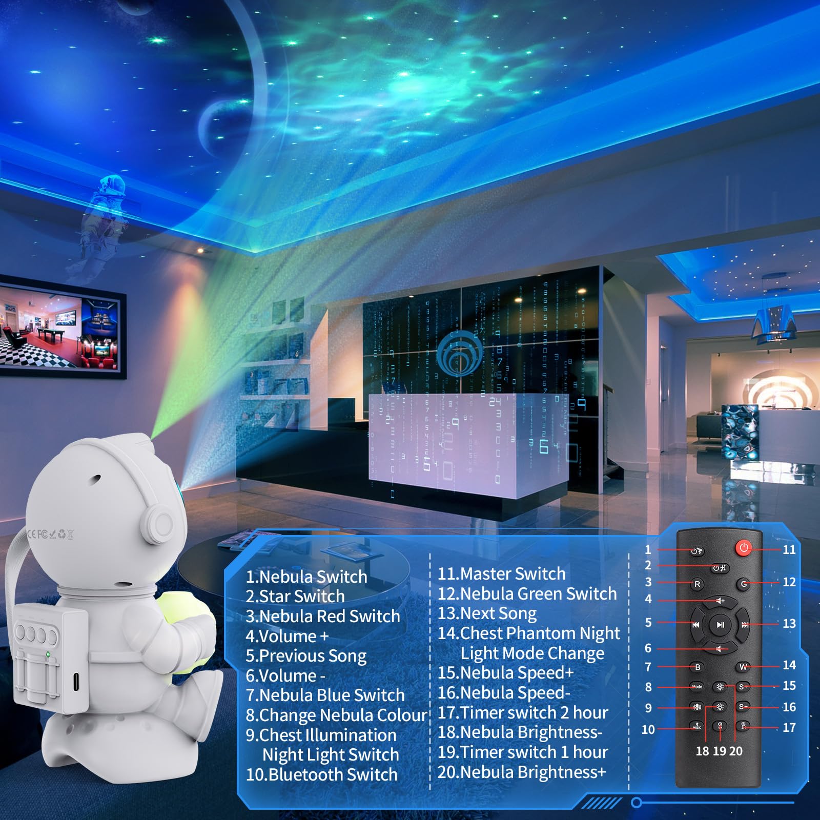 PKBD Haut-Parleur Bluetooth Intégré Astronaute Projecteur Ciel Étoile 8 Effets Nébuleuse LED Chambre Veilleuse Lampe Enfant Décoration Galaxie Projection Plafond Ambiant Lumineux- Lune