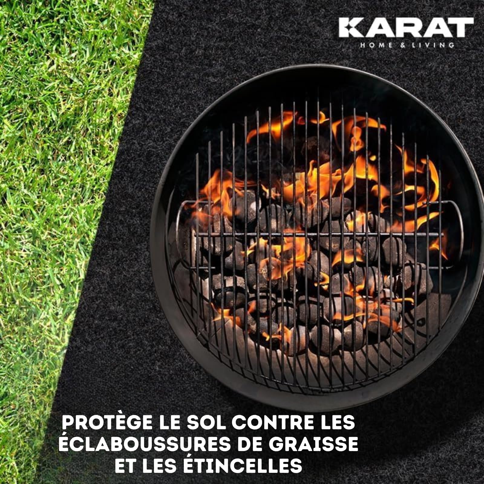 KARAT Tapis de Protection pour Barbecue 200 x 200 cm - Antidérapant & Résistant aux Hautes Températures - Retardateur de Flamme, Ultra-Robuste, Nettoyage Facile et Usage Extérieur Toutes Saisons