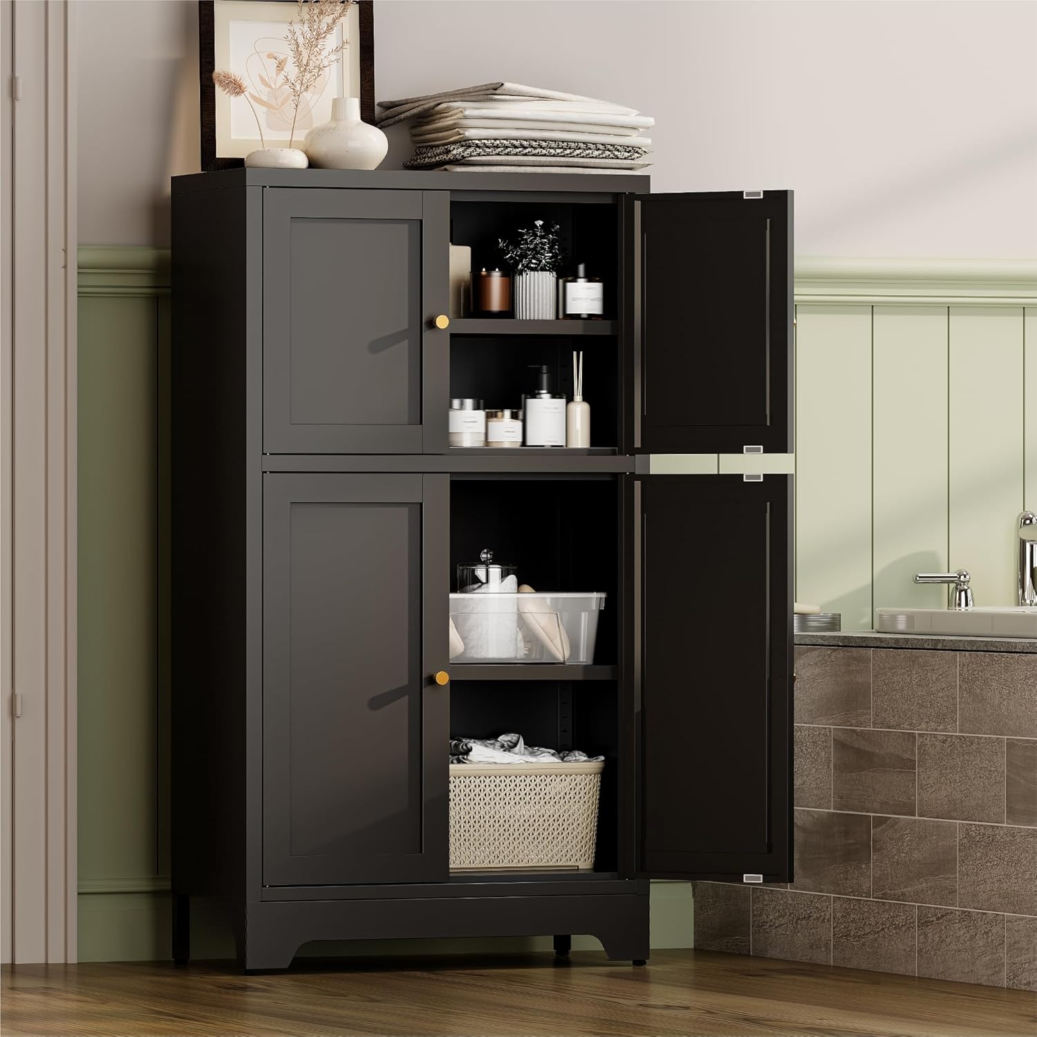 Bathroom Floor Cabinet, Metal Storage Cabinet with 2 Adjustable Shelves & 4 Doors,Freestanding Sideboard for Dining Room,Living Room, Home Office(1PC,Black)