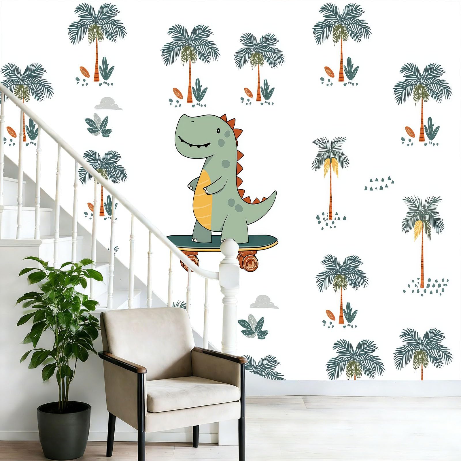 Fototapeta biała tapeta 250 x 175 cm (szer. x wys.), nowoczesna tapeta z włókniny, efekt 3D, dekoracja ścienna, kreskówka, dinozaur, zielona, palma, tapeta ścienna, do salonu, restauracji, pokoju