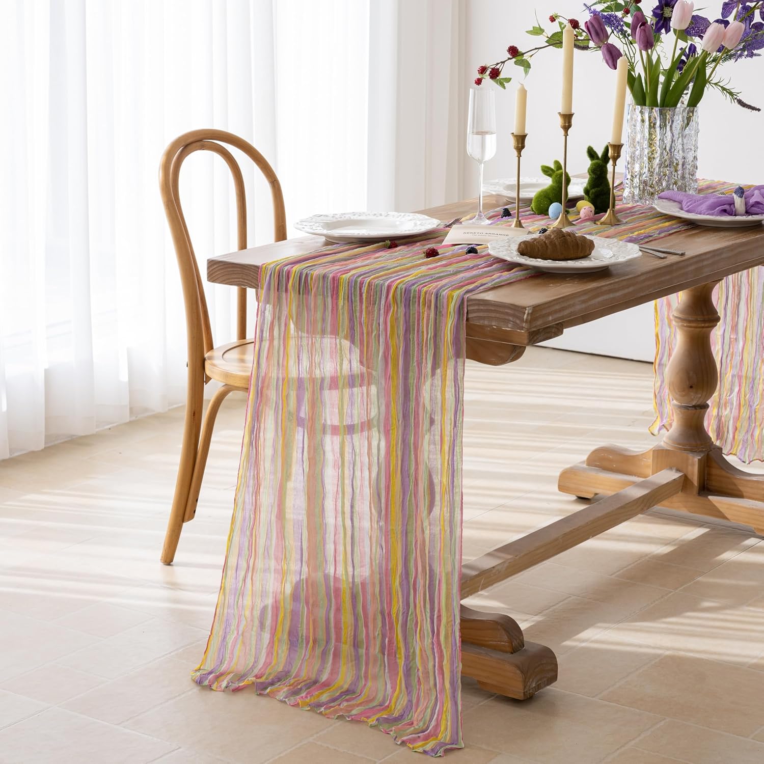 Keketoarrange Rainbow Table Runner Sheer Cheesecloth Gauze Rustic Colorful Runner Decor 120 Inch 10 FT Cheese Cloth for Holiday Kitchen Dining Wedding Party Spring Summer Home Decorations
